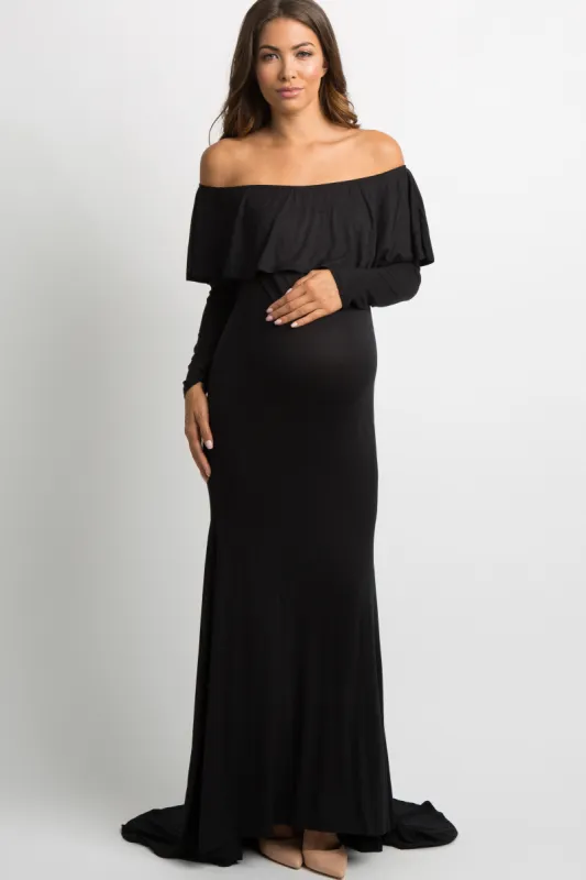 Black Off Shoulder Ruffle Maternity Photoshoot Gown/Dress sold by Pinkblush