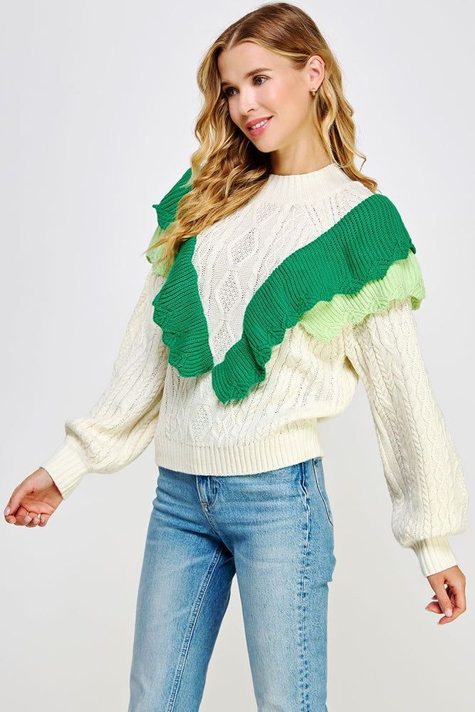 Off-White Emerald Contrast Ruffled Accent Cable Knit Sweater sold by Pinkblush product image thumbnail 2