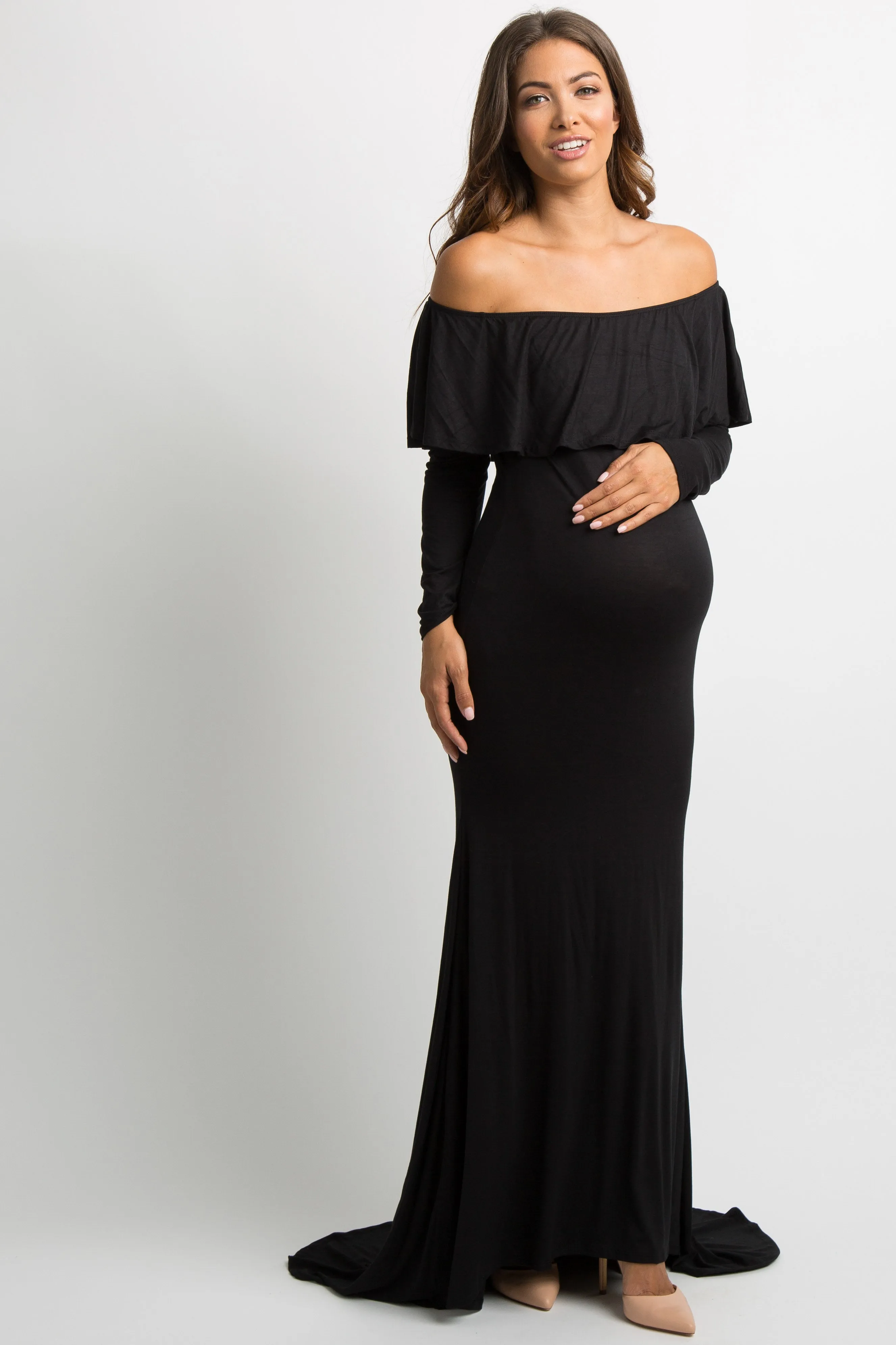 Black Off Shoulder Ruffle Maternity Photoshoot Gown/Dress sold by Pinkblush product image thumbnail 2