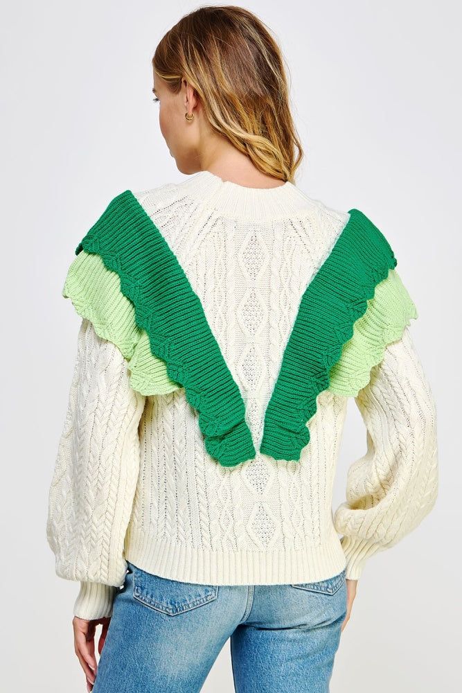 Off-White Emerald Contrast Ruffled Accent Cable Knit Sweater sold by Pinkblush product image thumbnail 3