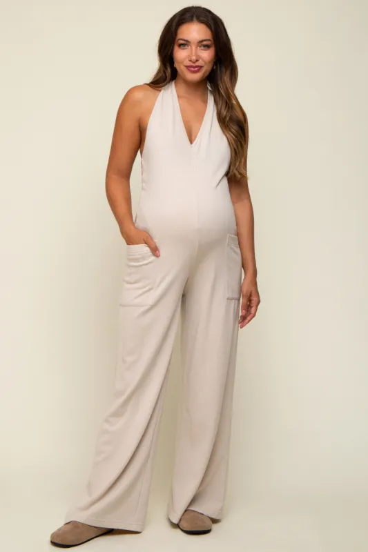 Beige Halter Front Pocket Knit Maternity Jumpsuit sold by Pinkblush