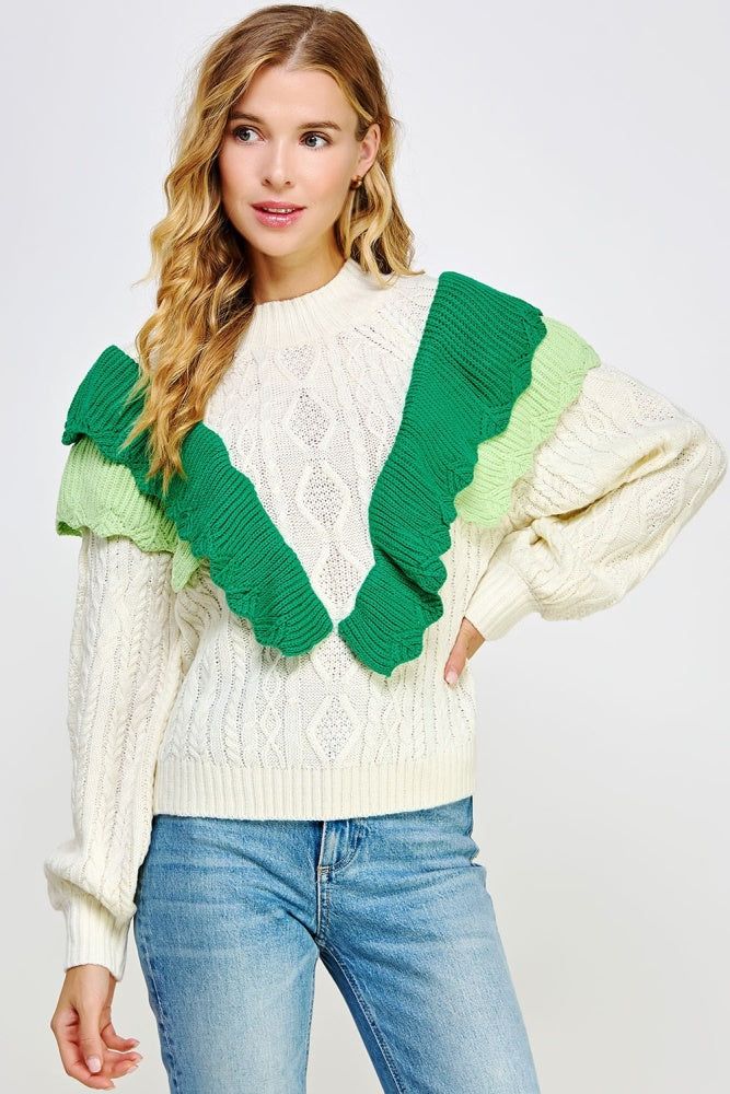 Off-White Emerald Contrast Ruffled Accent Cable Knit Sweater sold by Pinkblush