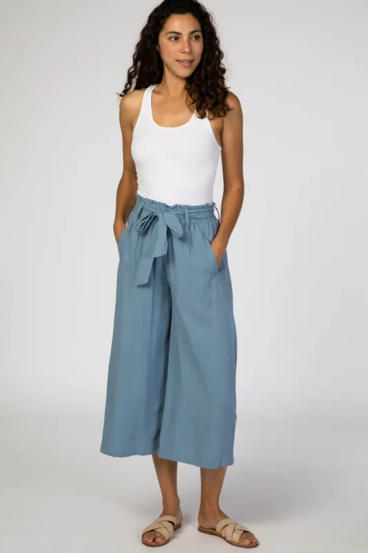 Blue Linen Waist Tie Crop Wide Leg Pants sold by Pinkblush