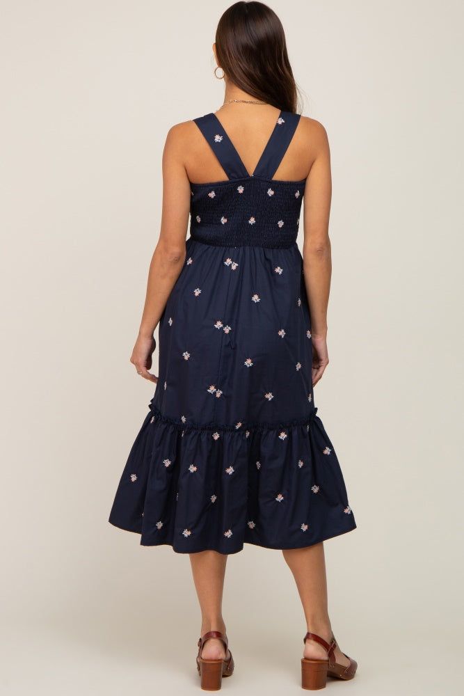 Navy Blue Sleeveless Floral Embroidered Maternity Midi Dress sold by Pinkblush product image thumbnail 4