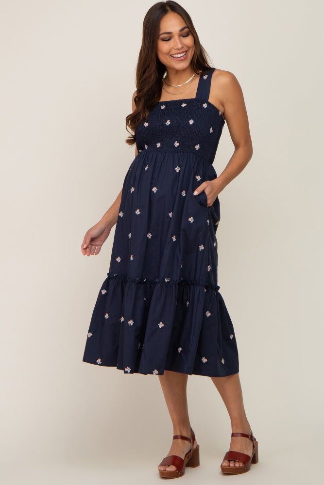 Navy Blue Sleeveless Floral Embroidered Maternity Midi Dress sold by Pinkblush