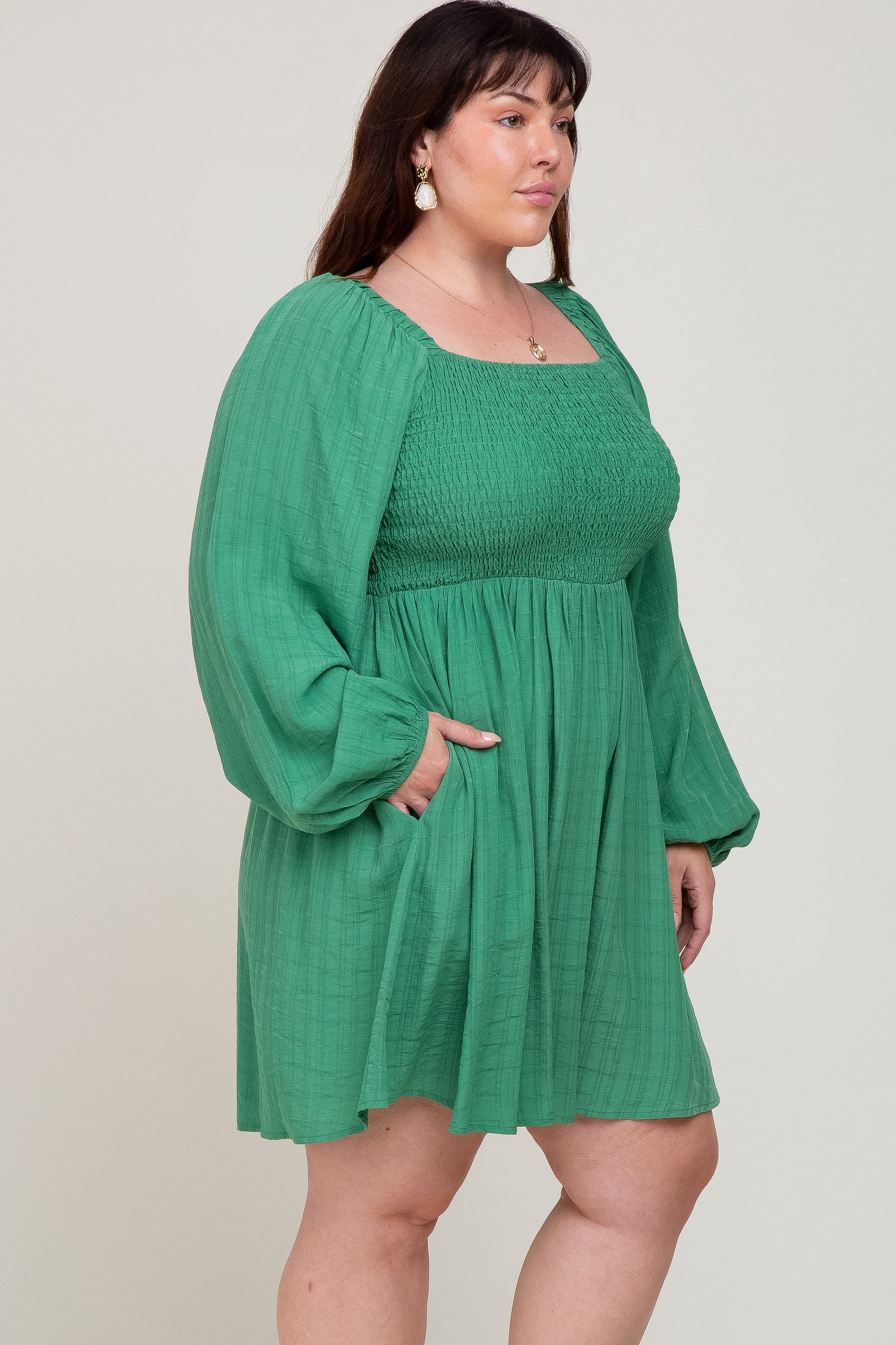 Green Smocked Long Sleeve Plus Dress sold by Pinkblush product image thumbnail 4