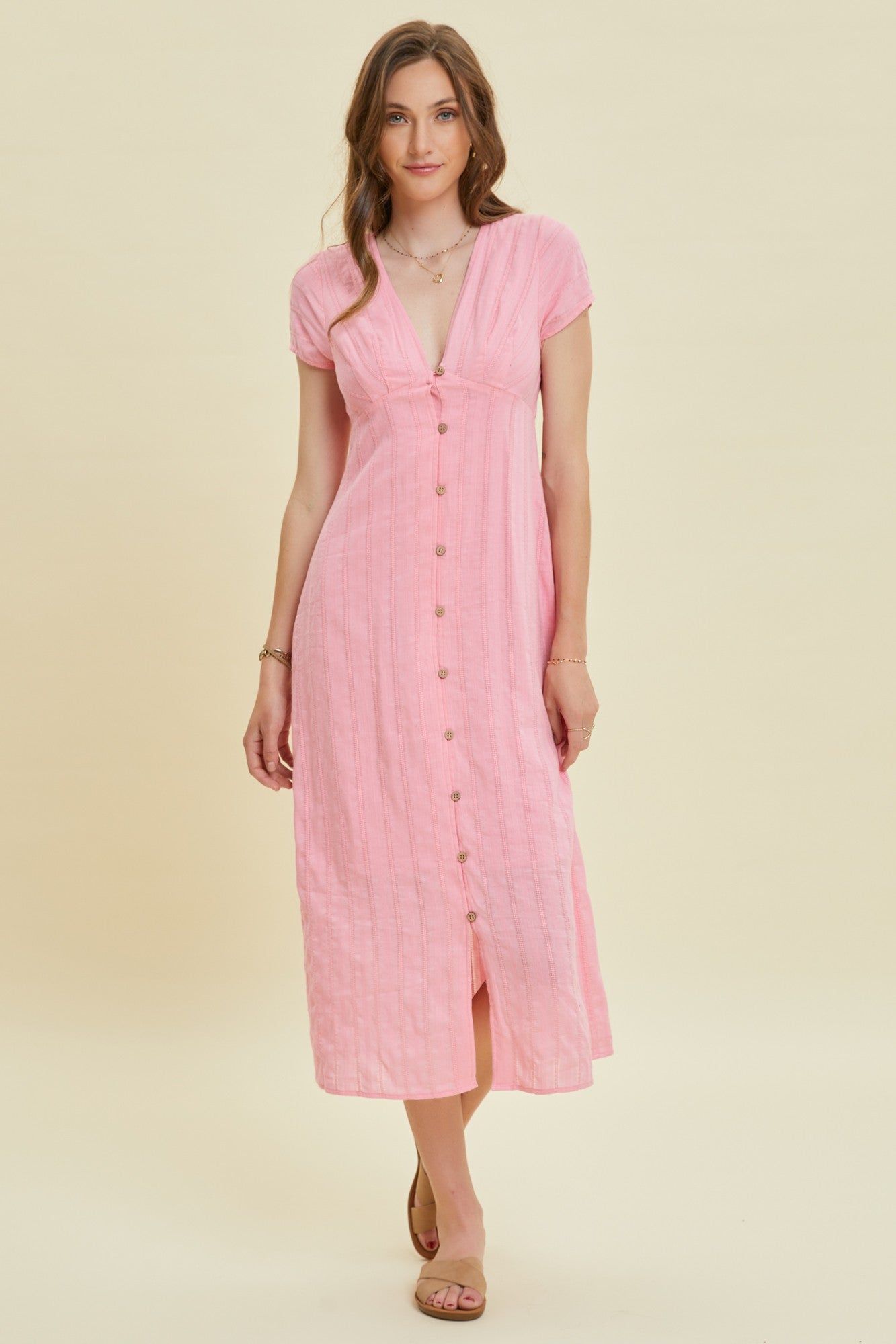 Pink Button-Down Midi Dress With Cap Sleeves sold by Pinkblush