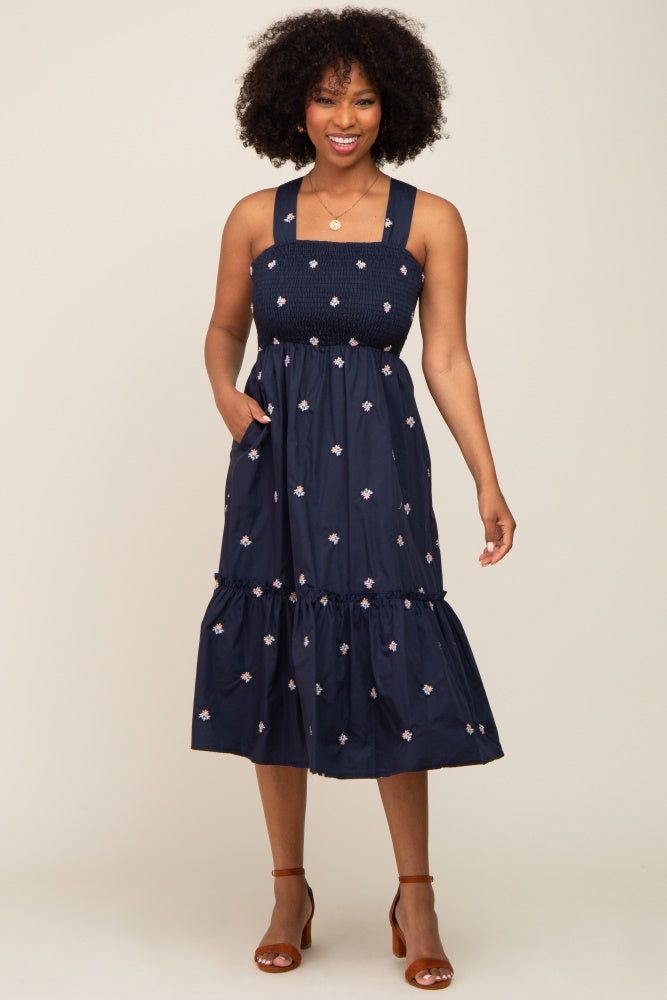 Navy Blue Sleeveless Floral Embroidered Maternity Midi Dress sold by Pinkblush product image thumbnail 5