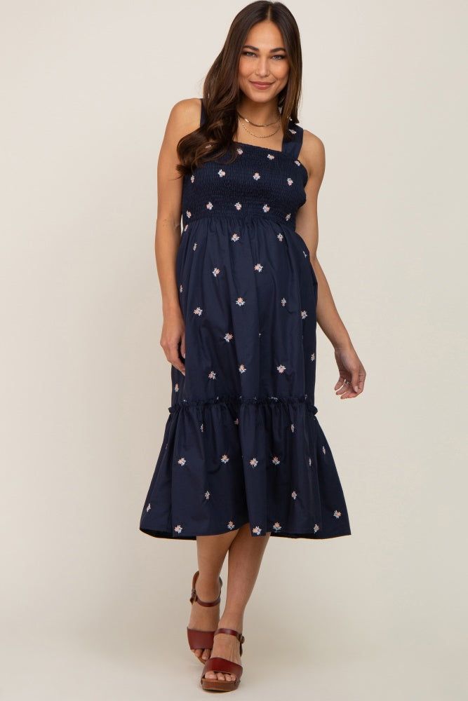 Navy Blue Sleeveless Floral Embroidered Maternity Midi Dress sold by Pinkblush product image thumbnail 2