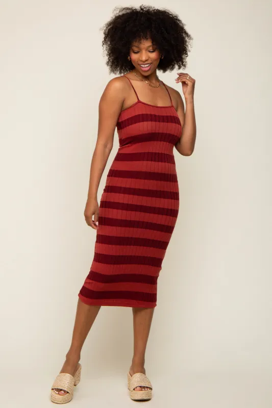 Rust Striped Rib Knit Midi Dress sold by Pinkblush