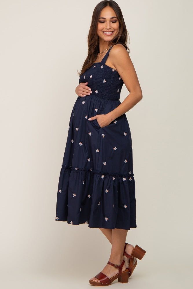 Navy Blue Sleeveless Floral Embroidered Maternity Midi Dress sold by Pinkblush product image thumbnail 3