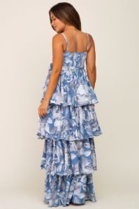 Blue Floral Ruffle Tiered Smocked Maternity Maxi Dress sold by Pinkblush