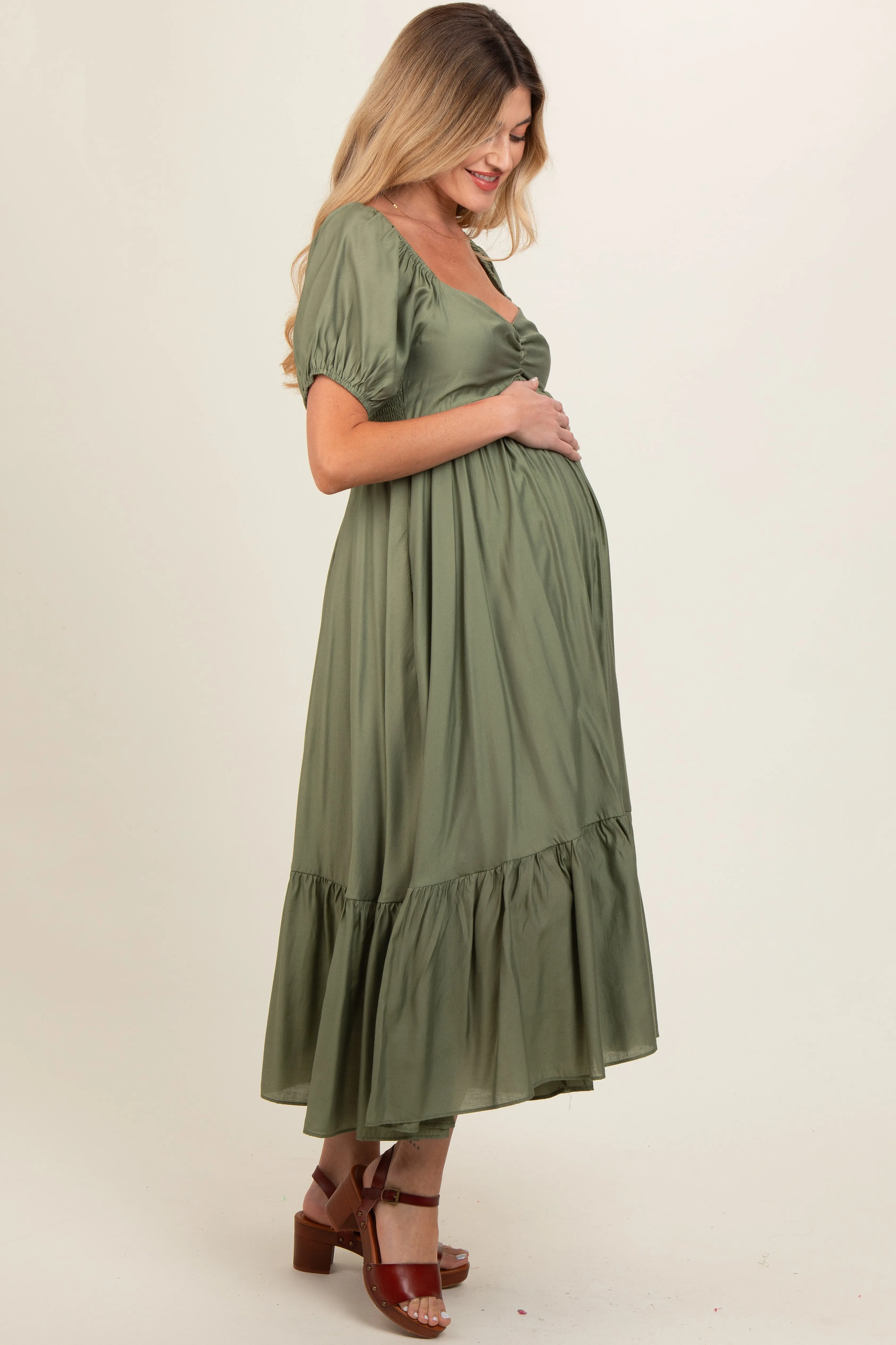 Olive Ruched Sweetheart Neck Tiered Maternity Midi Dress sold by Pinkblush product image thumbnail 3