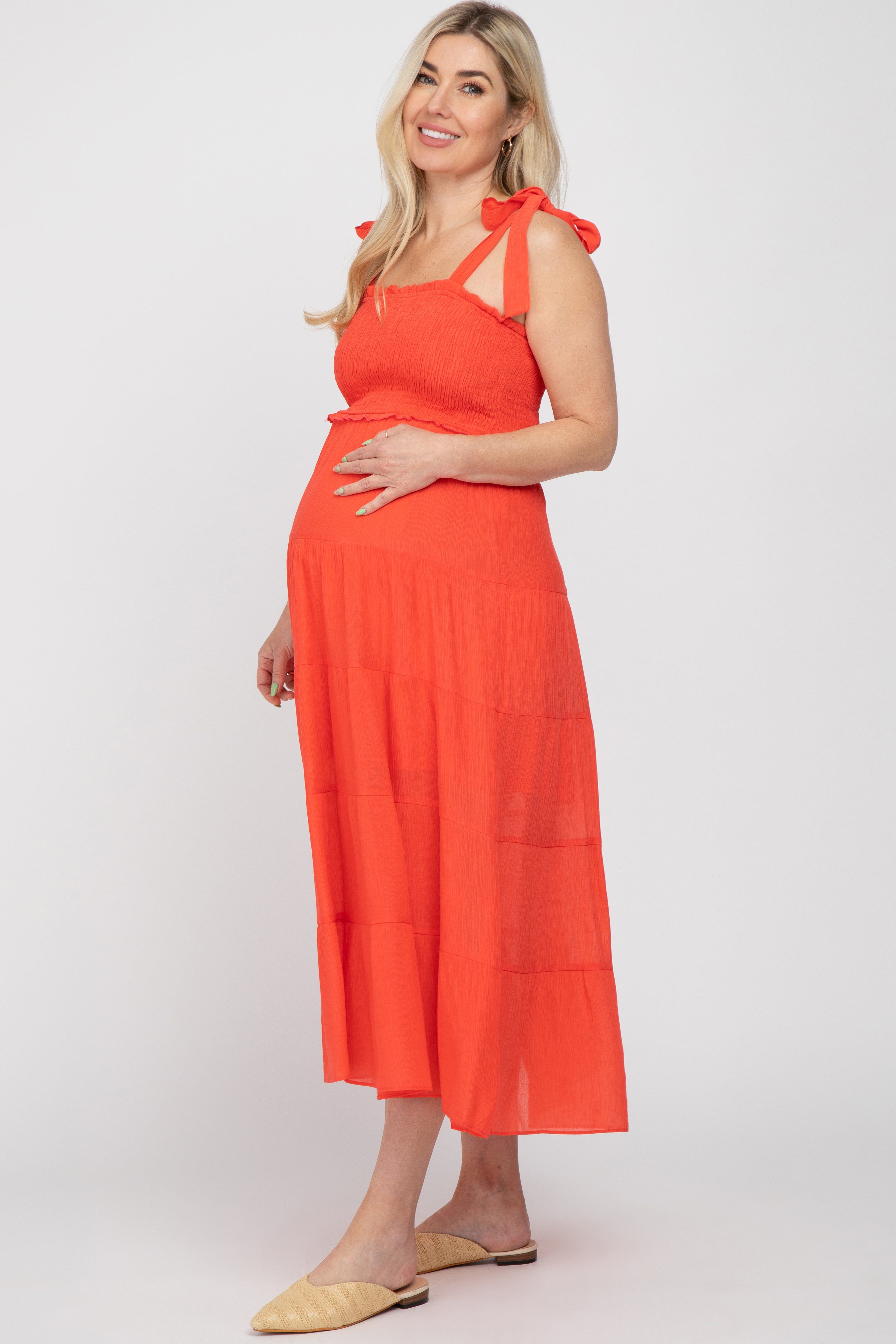 Red Smocked Tie Strap Tiered Maternity Midi Dress sold by Pinkblush product image thumbnail 2