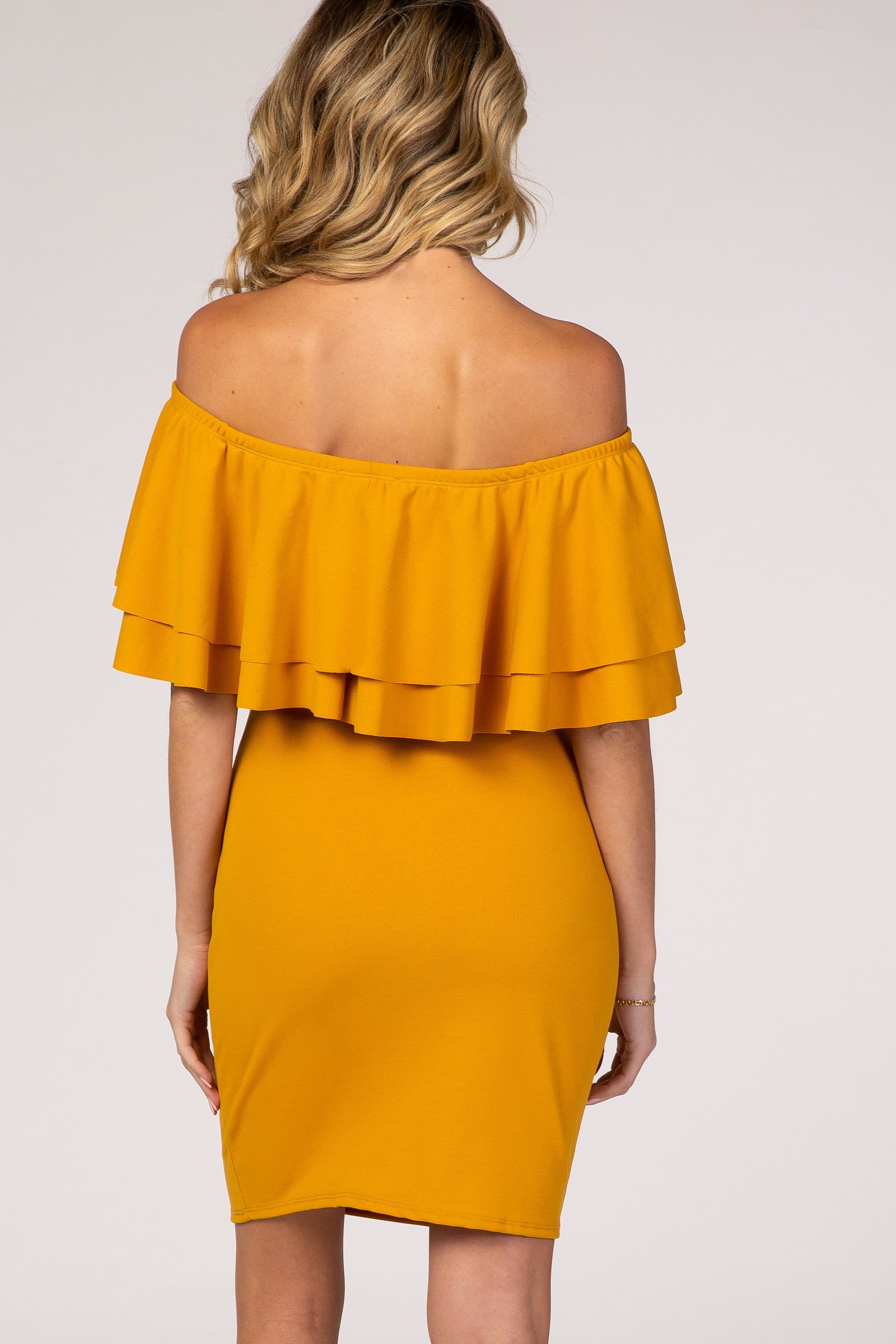 Yellow Double Layer Ruffle Off Shoulder Maternity Dress sold by Pinkblush product image thumbnail 3