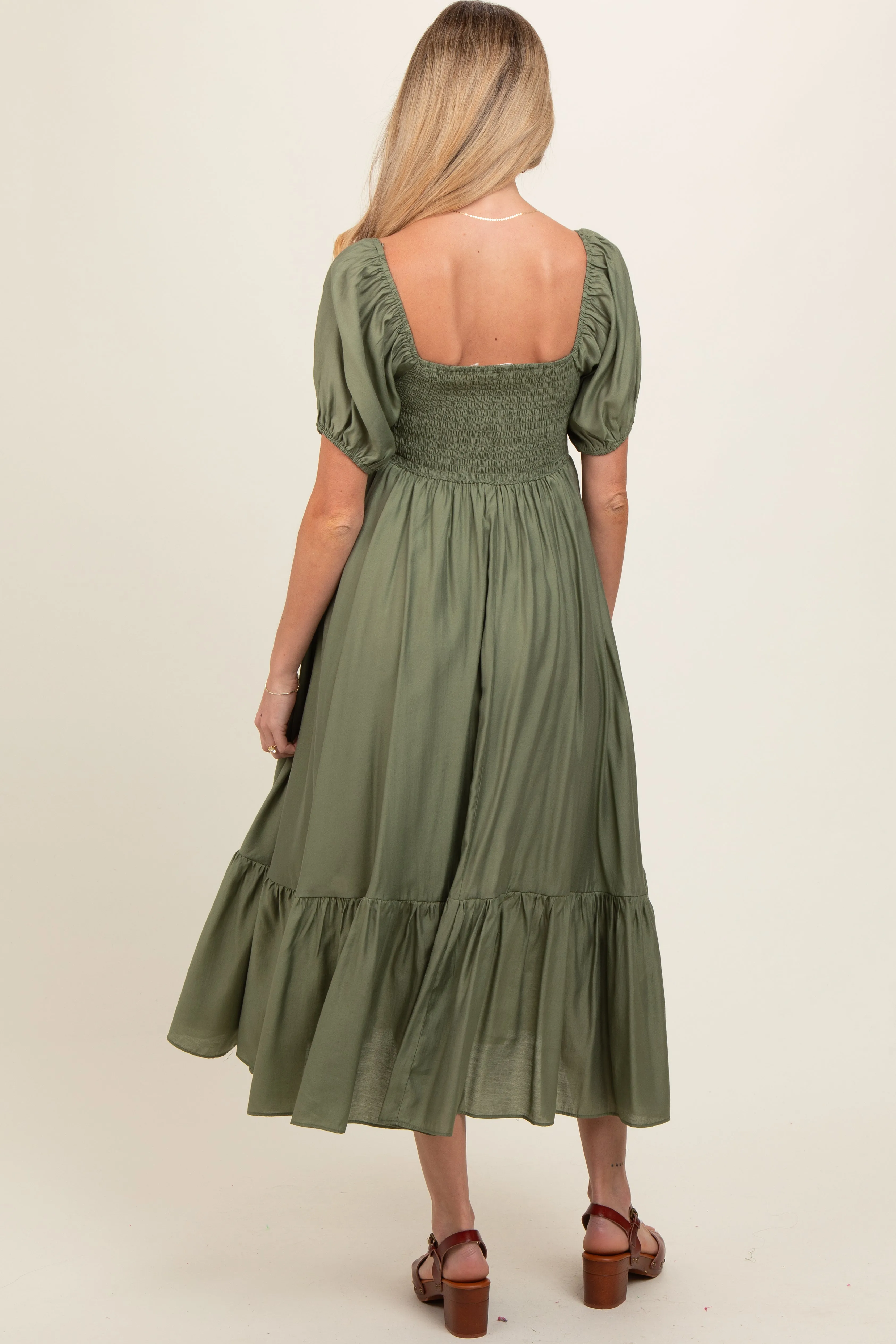 Olive Ruched Sweetheart Neck Tiered Maternity Midi Dress sold by Pinkblush product image thumbnail 4
