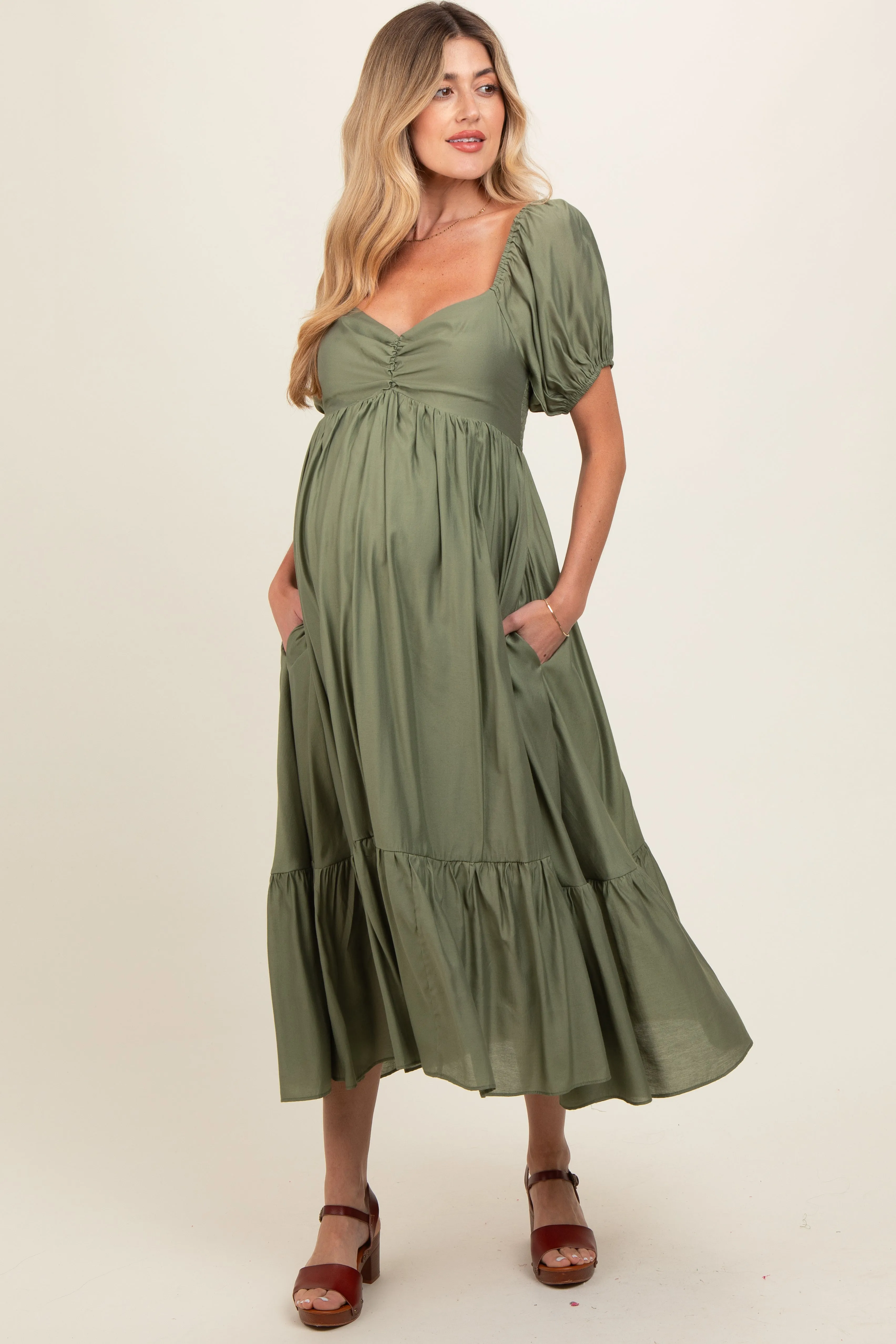 Olive Ruched Sweetheart Neck Tiered Maternity Midi Dress sold by Pinkblush