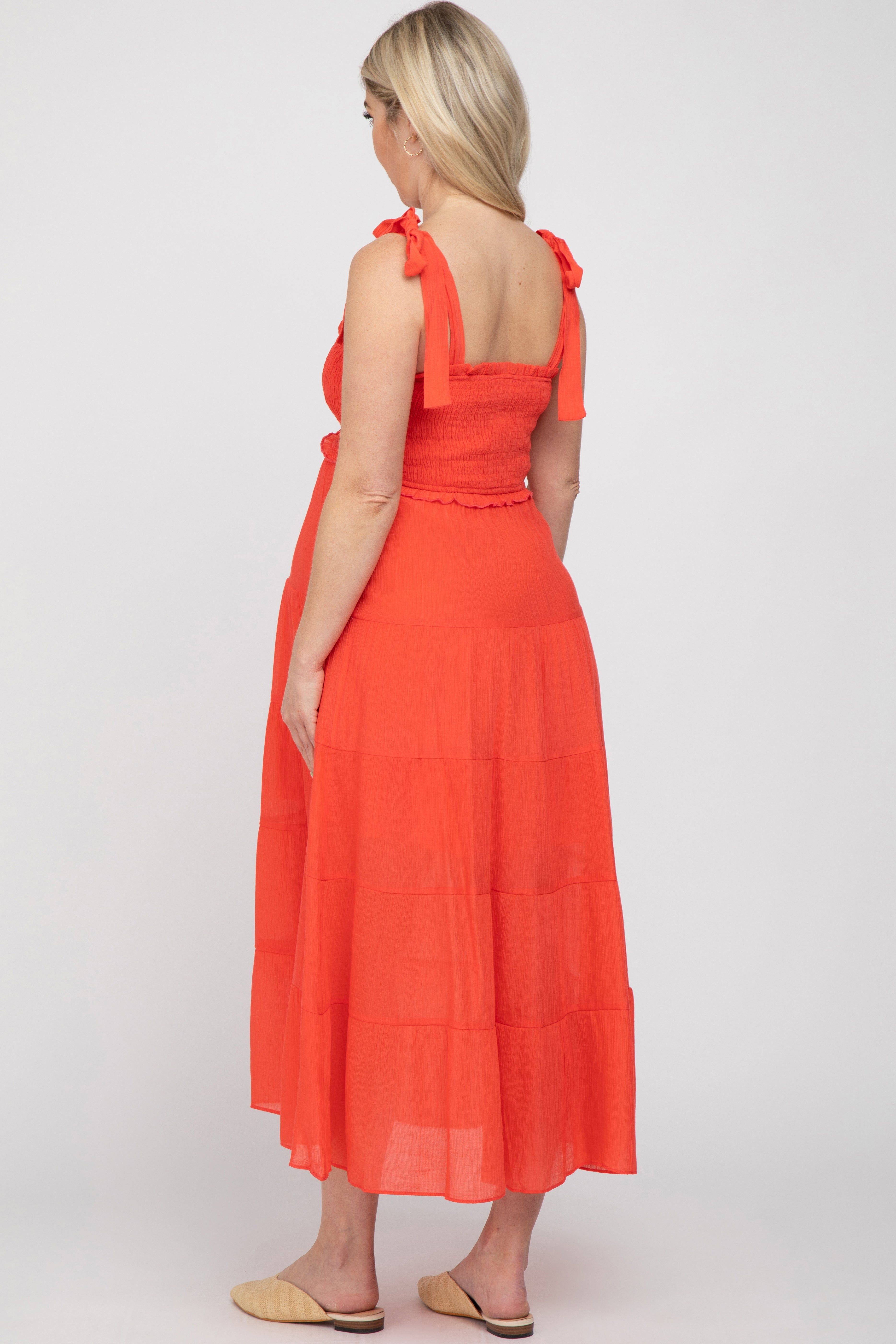 Red Smocked Tie Strap Tiered Maternity Midi Dress sold by Pinkblush product image thumbnail 3