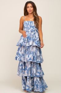 Blue Floral Ruffle Tiered Smocked Maternity Maxi Dress sold by Pinkblush