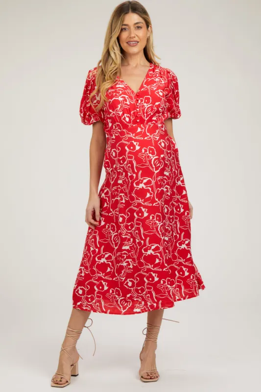 Red Floral Button Front Short Sleeve Maternity Midi Dress sold by Pinkblush