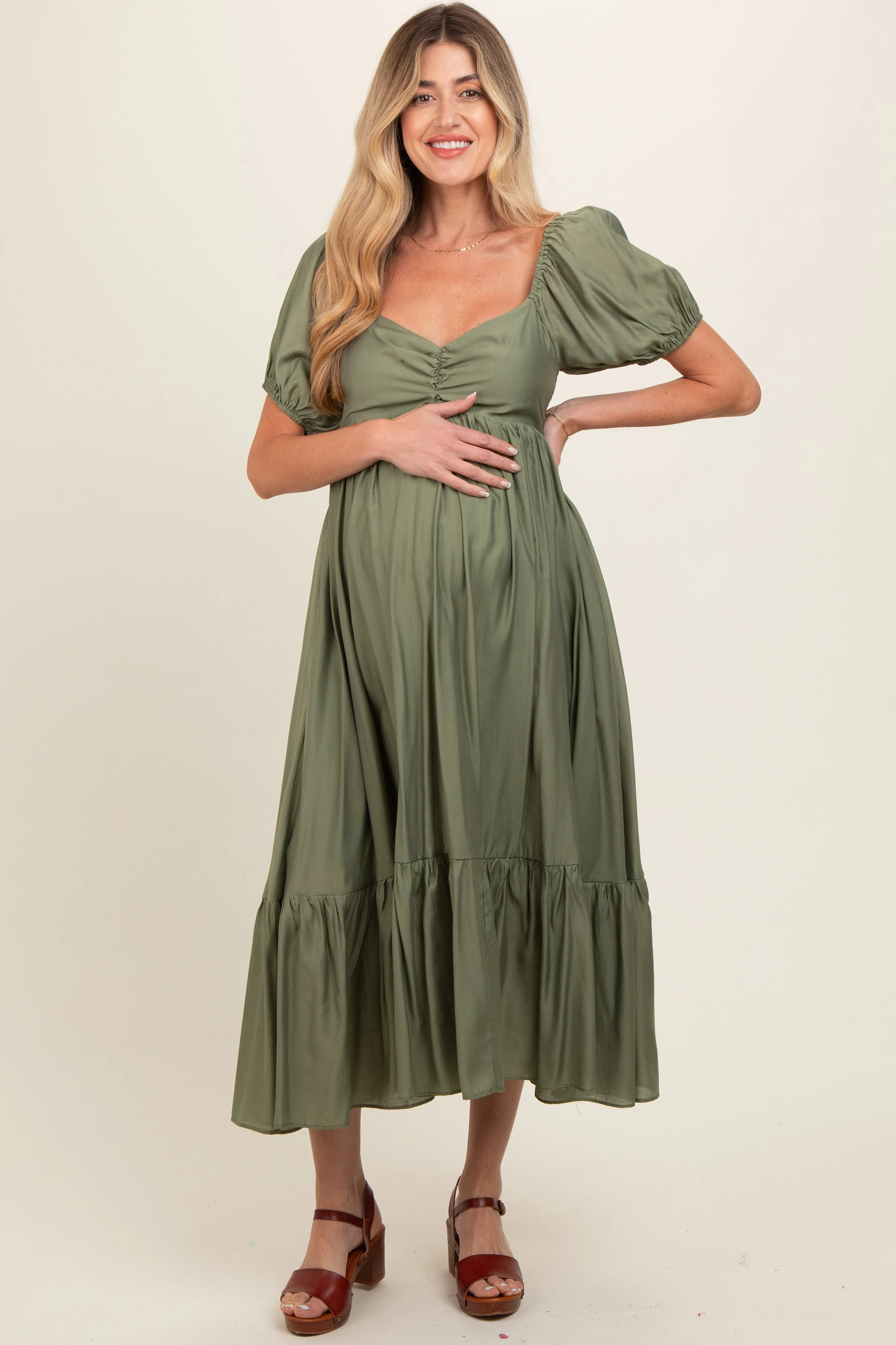 Olive Ruched Sweetheart Neck Tiered Maternity Midi Dress sold by Pinkblush product image thumbnail 2