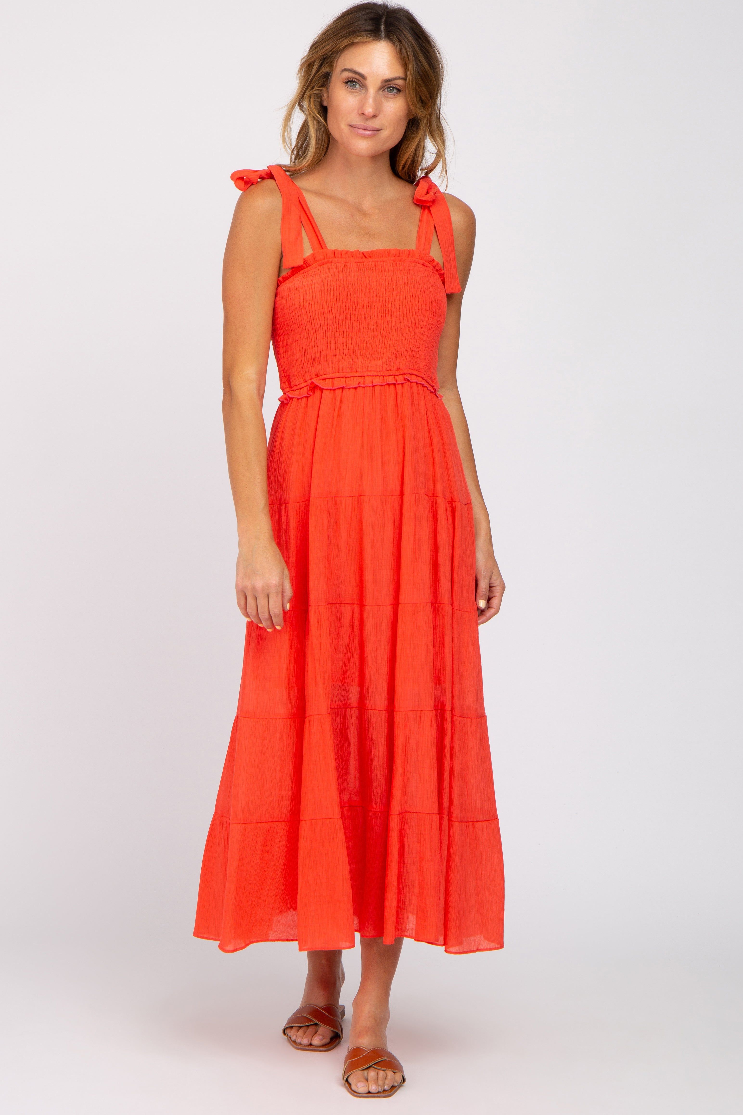 Red Smocked Tie Strap Tiered Maternity Midi Dress sold by Pinkblush product image thumbnail 4