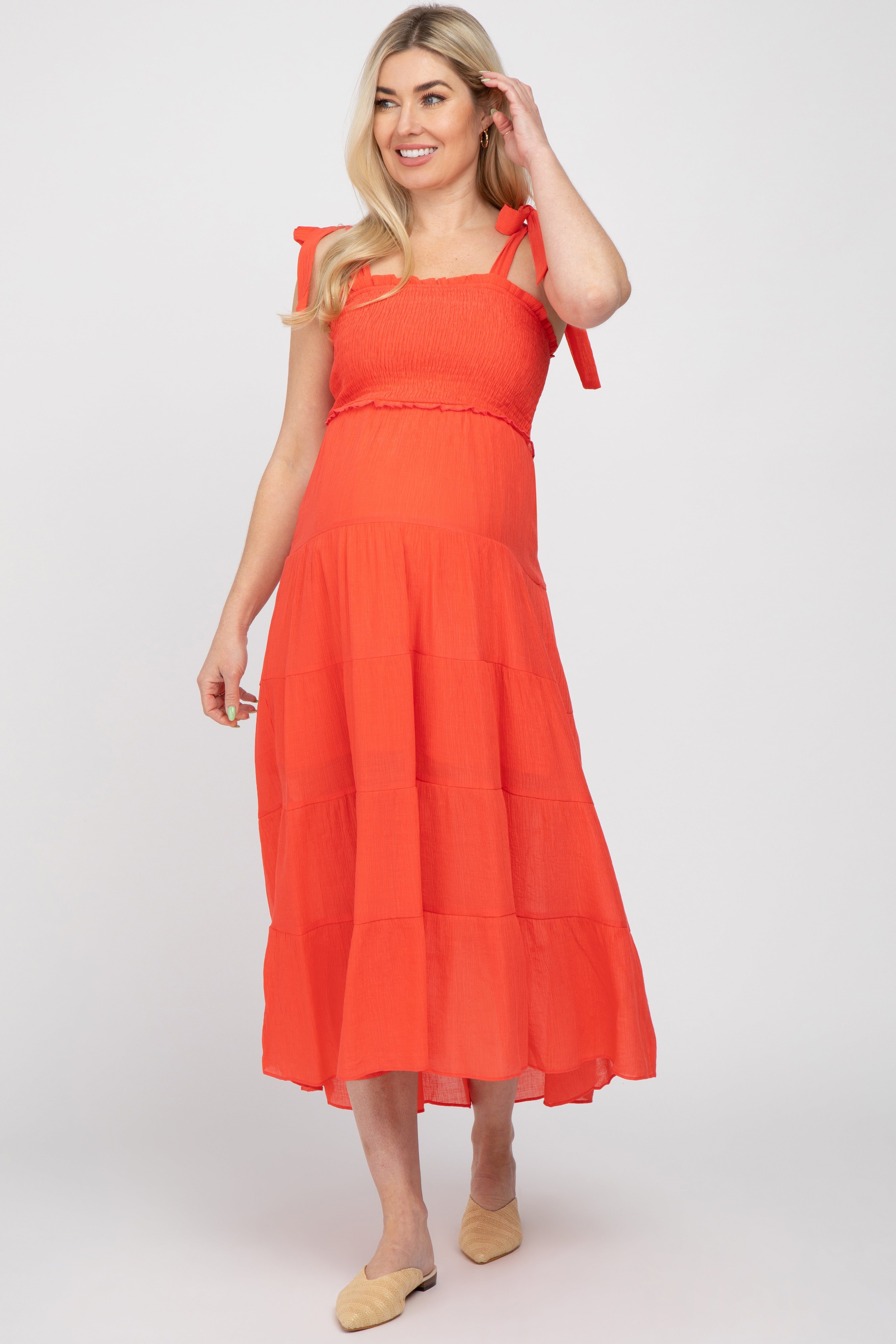 Red Smocked Tie Strap Tiered Maternity Midi Dress sold by Pinkblush