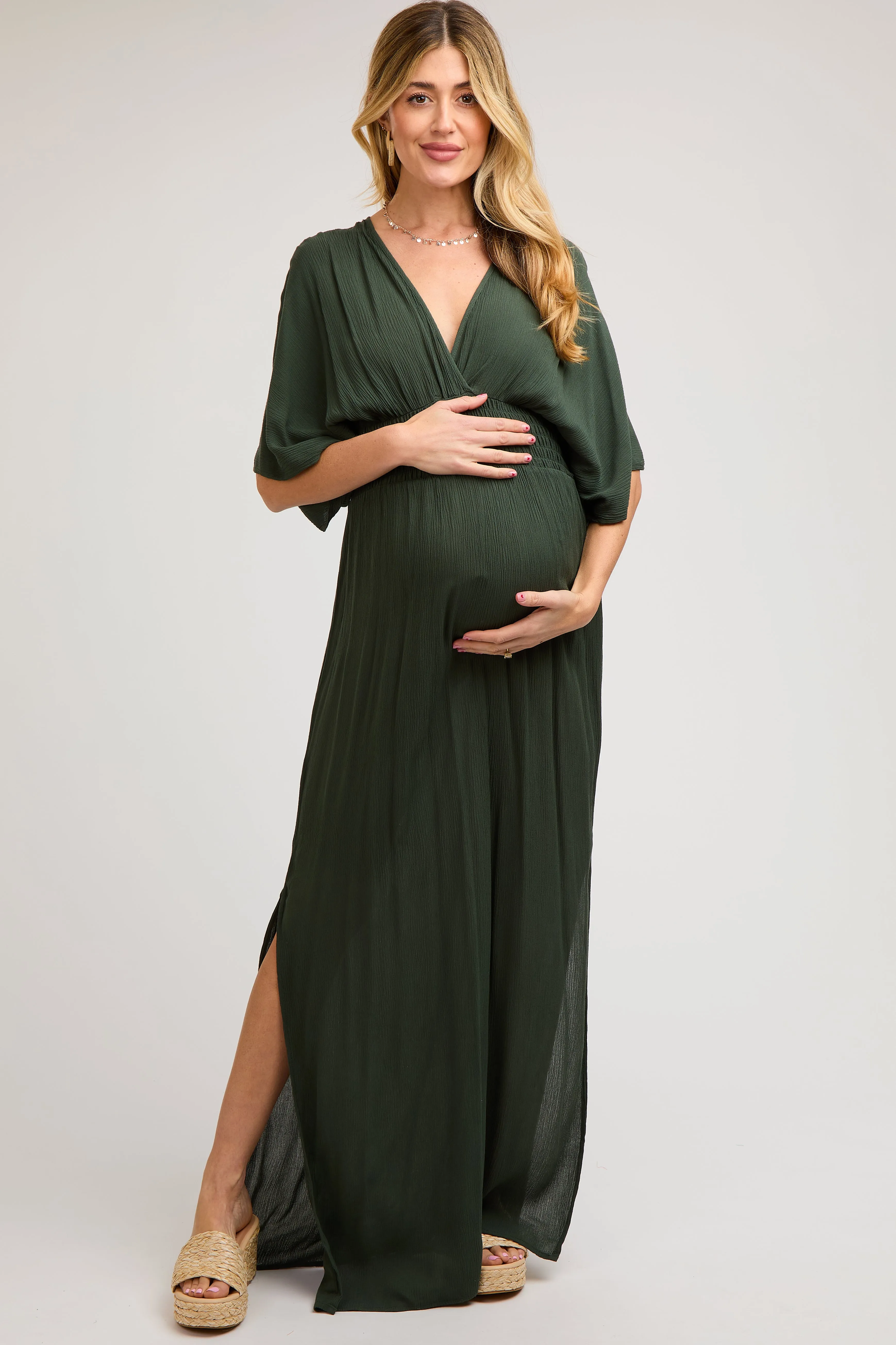 Olive Lightweight Deep V-Neck Maternity Maxi Dress sold by Pinkblush