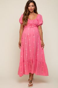 Pink Floral Embroidered Smocked Maternity Maxi Dress sold by Pinkblush