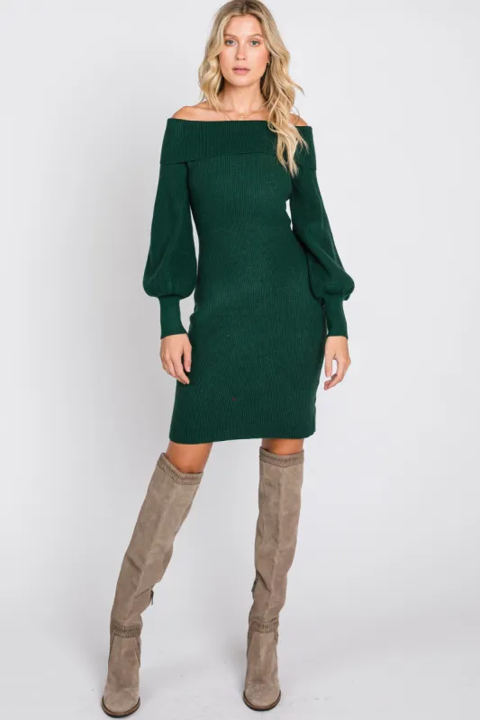 Forest Green Off Shoulder Bubble Sleeve Sweater Dress sold by Pinkblush
