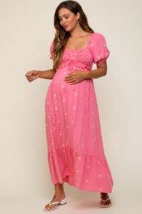 Pink Floral Embroidered Smocked Maternity Maxi Dress sold by Pinkblush
