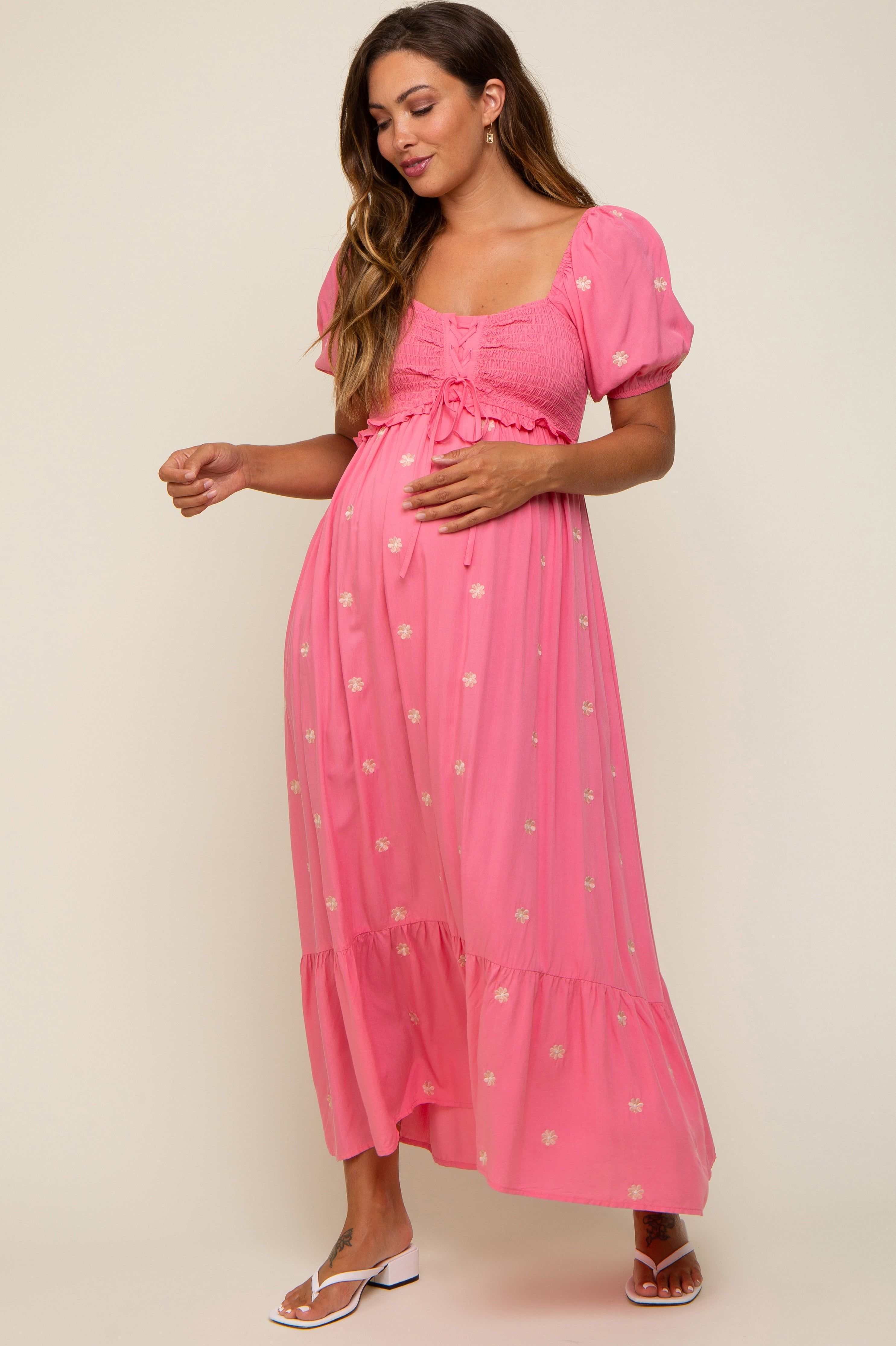 Pink Floral Embroidered Smocked Maternity Maxi Dress sold by Pinkblush