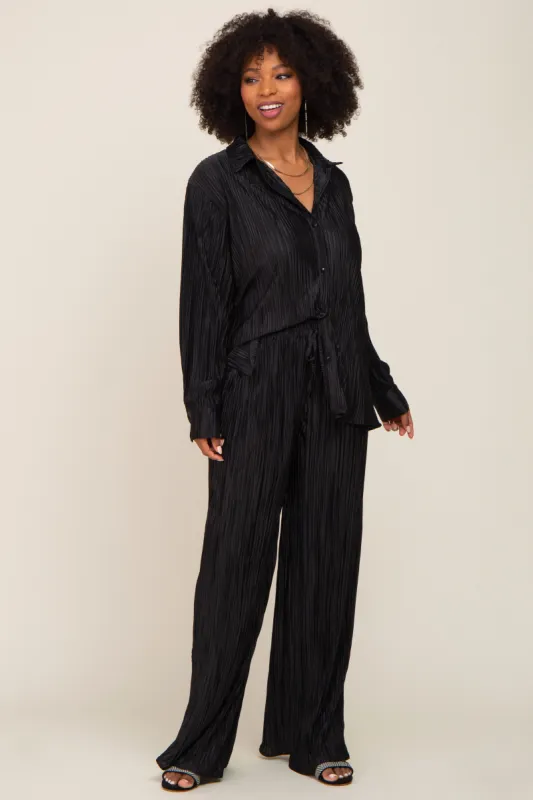 Black Pleated Plisse Button Up Two-Piece Set sold by Pinkblush
