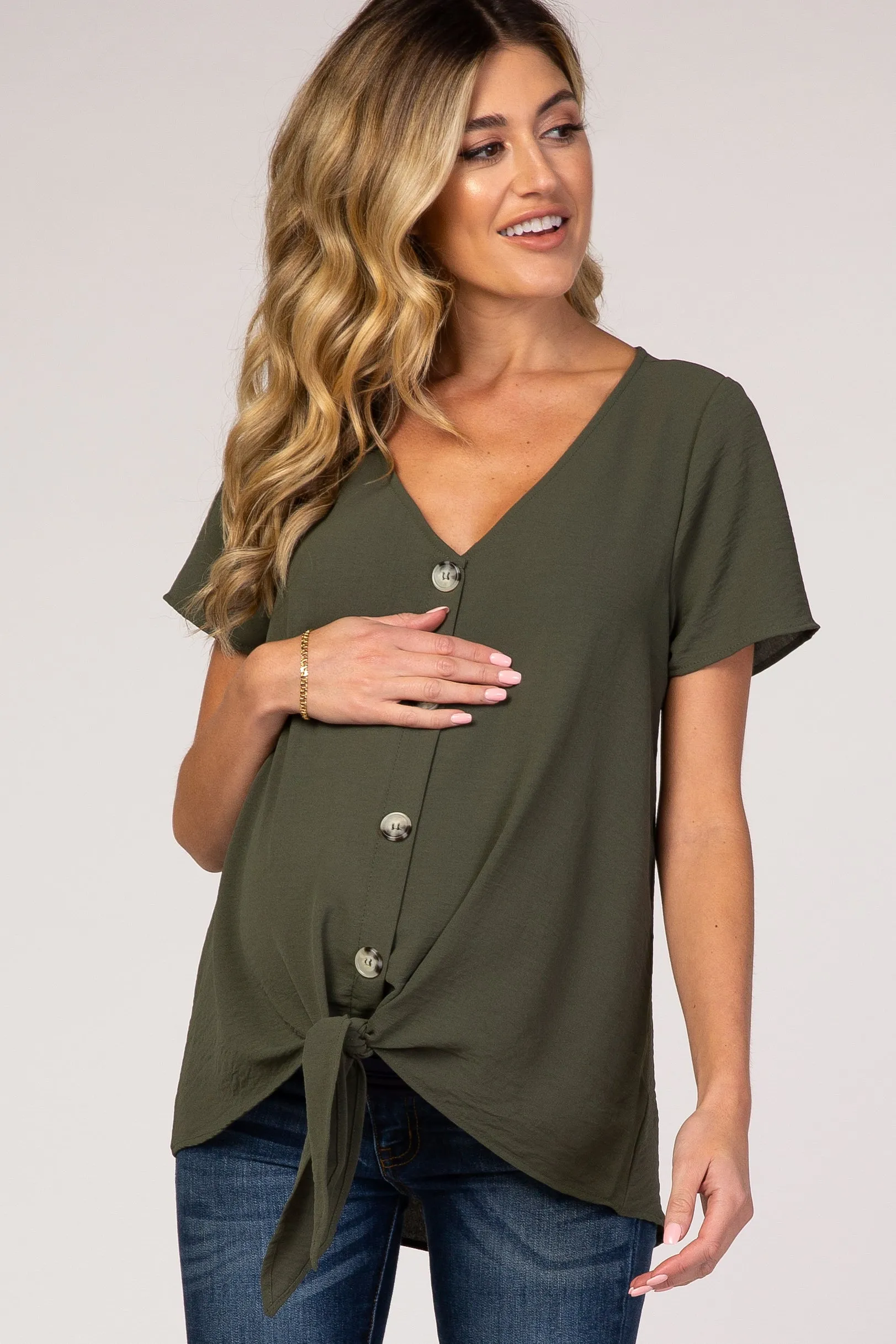 Light Olive Button Tie Front Maternity Top sold by Pinkblush