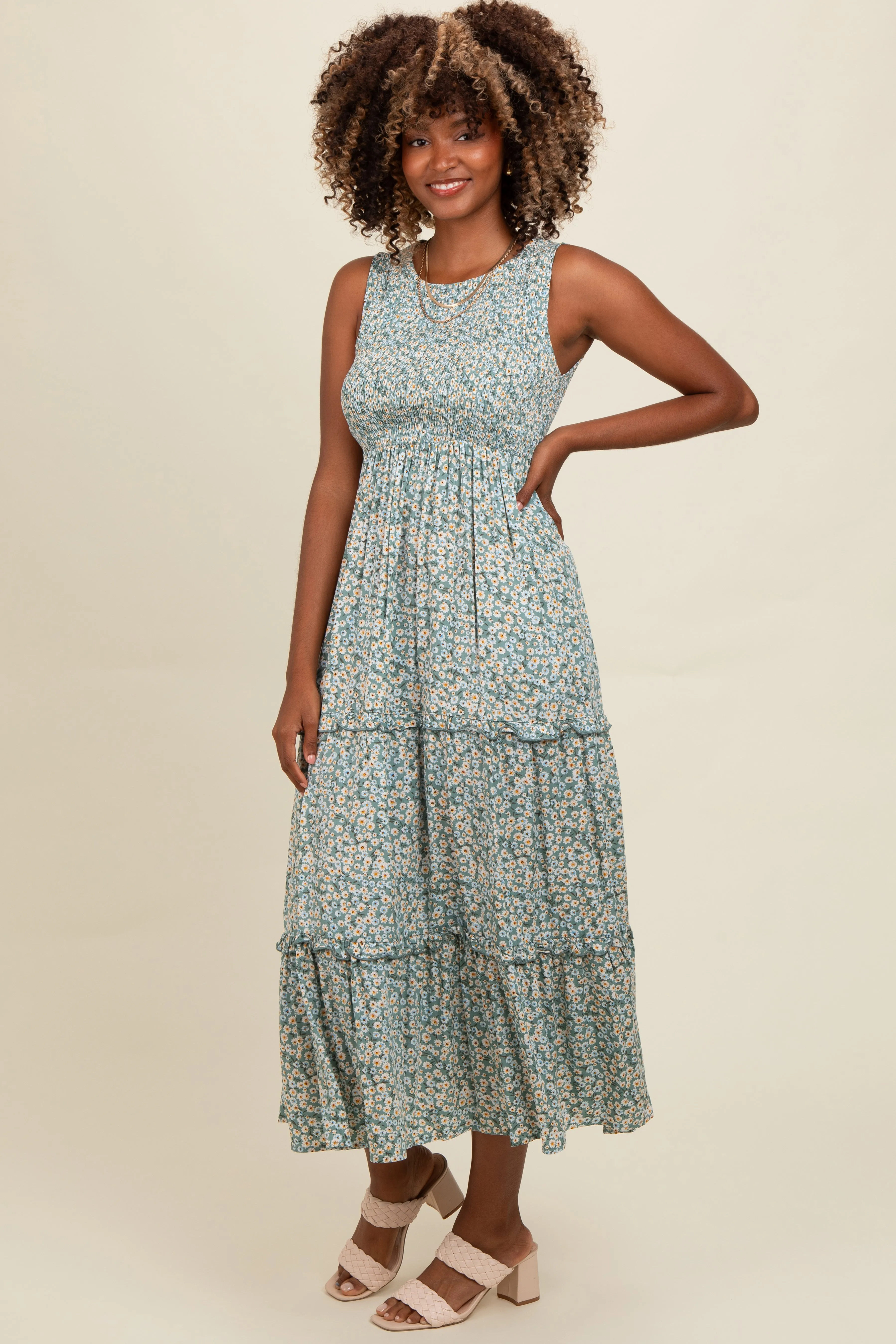 Light Olive Floral Sleeveless Ruffle Tiered Maxi Dress sold by Pinkblush product image thumbnail 3