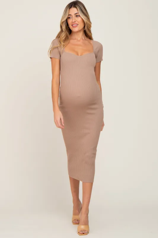 Mocha Ribbed Maternity Midi Dress sold by Pinkblush