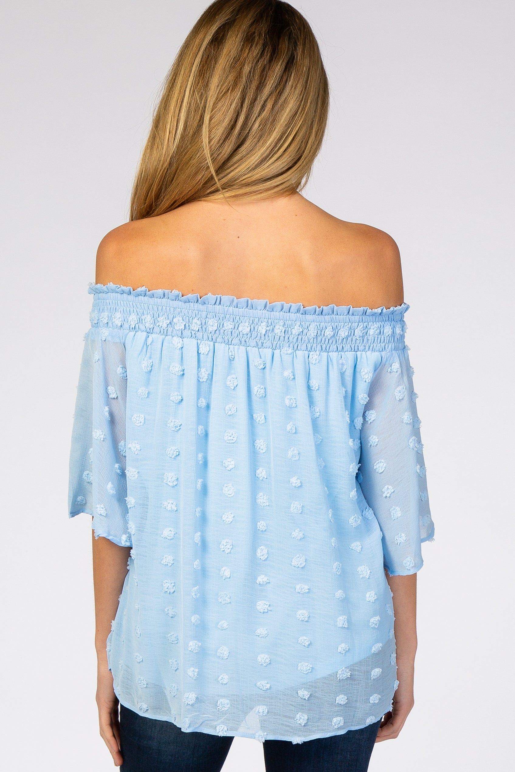 Light Blue Textured Dot Smocked Off Shoulder Chiffon Maternity Blouse sold by Pinkblush product image thumbnail 3