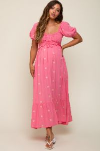 Pink Floral Embroidered Smocked Maternity Maxi Dress sold by Pinkblush