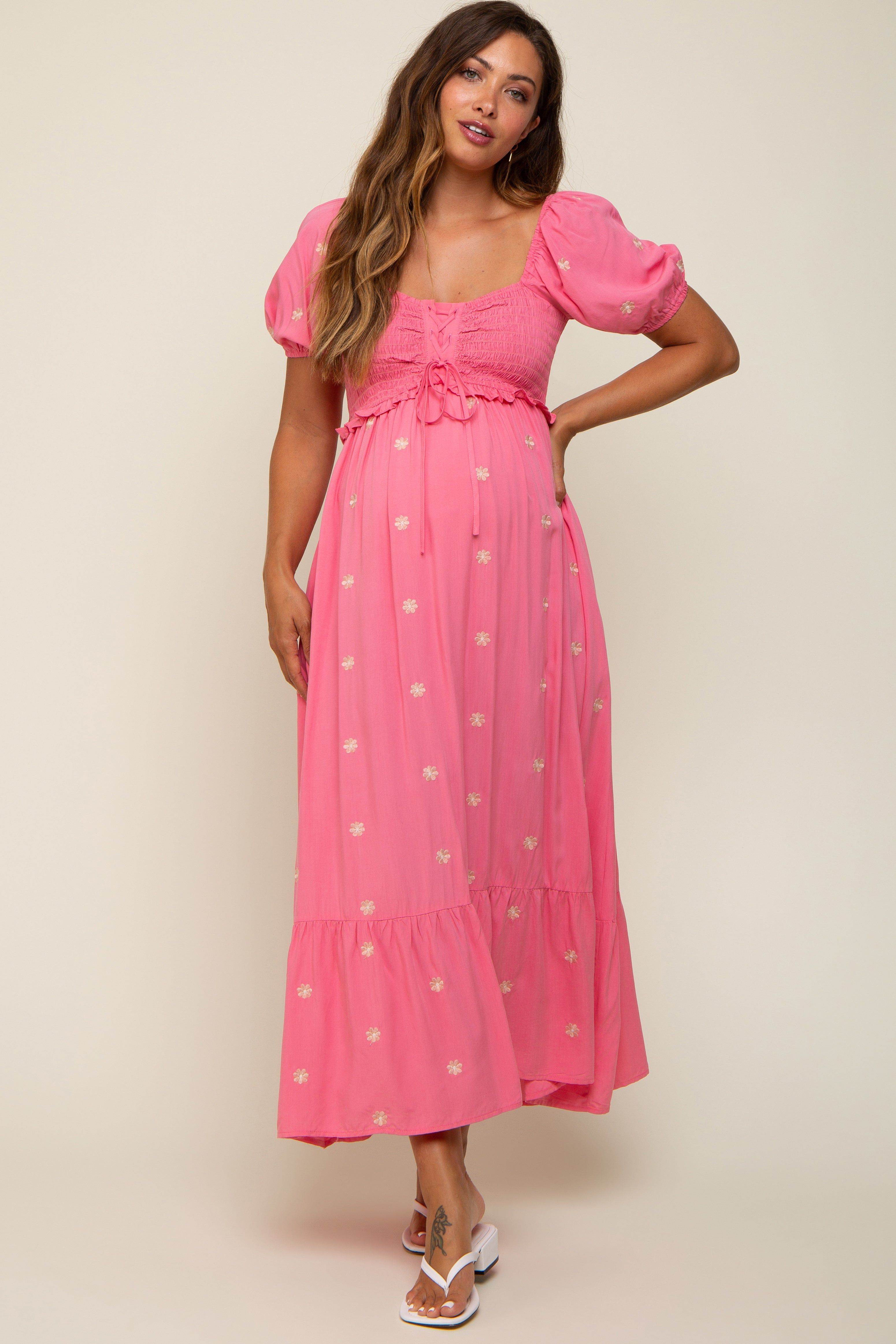 Pink Floral Embroidered Smocked Maternity Maxi Dress sold by Pinkblush product image thumbnail 5