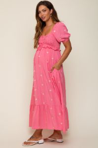 Pink Floral Embroidered Smocked Maternity Maxi Dress sold by Pinkblush
