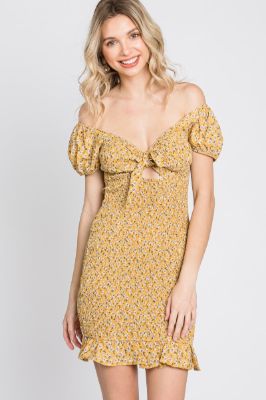 Yellow Floral Smocked Cutout Mini Dress sold by Pinkblush