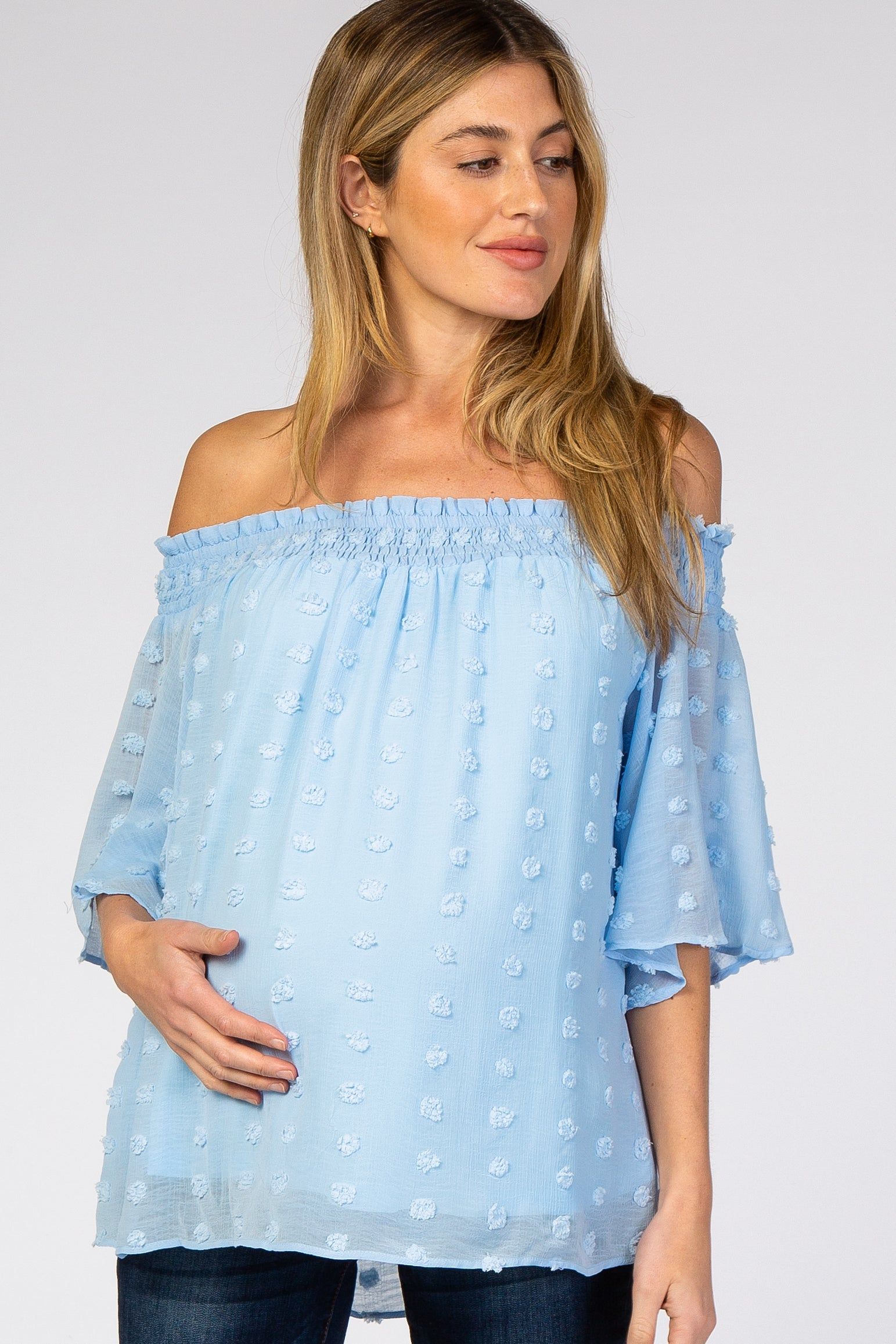 Light Blue Textured Dot Smocked Off Shoulder Chiffon Maternity Blouse sold by Pinkblush