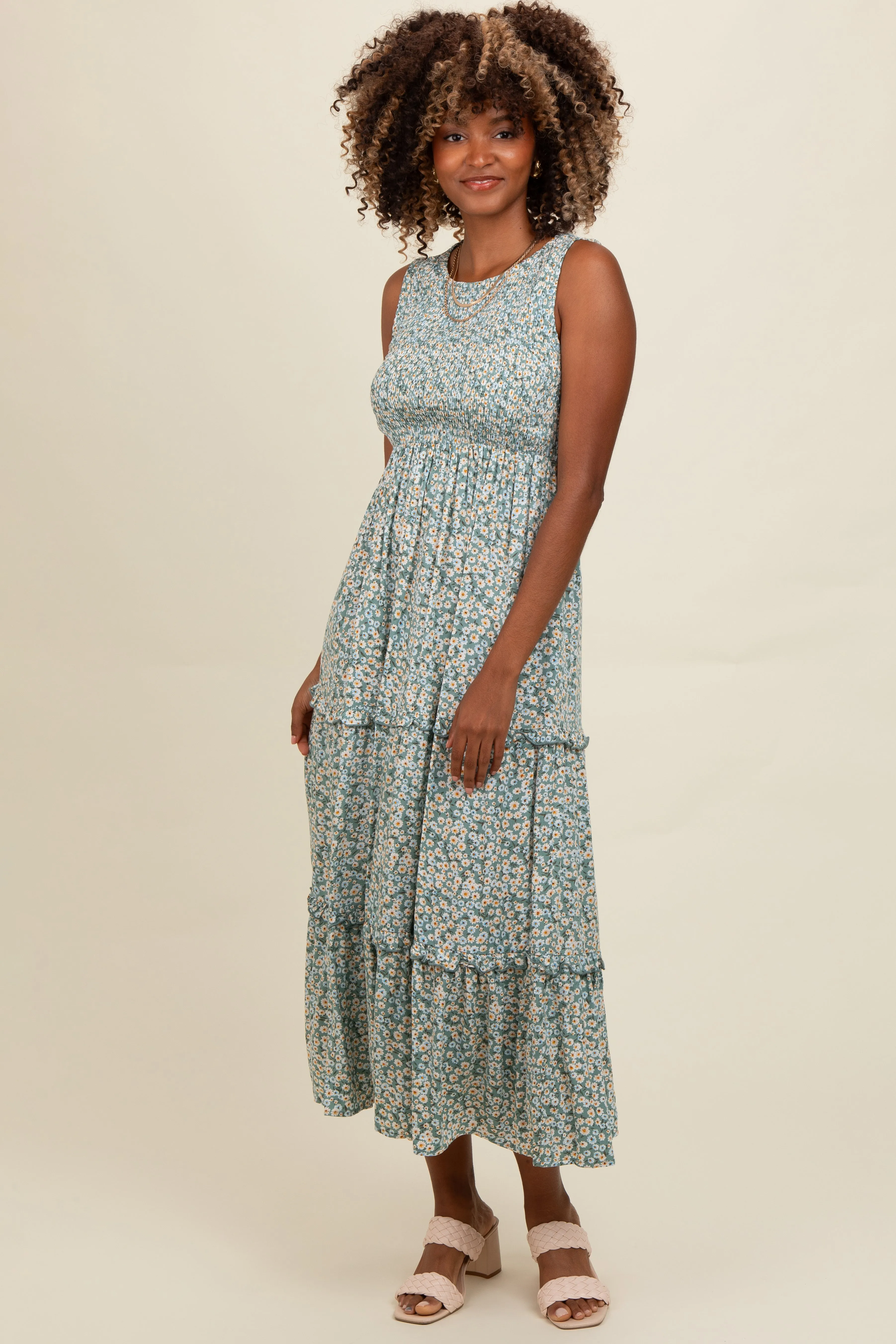 Light Olive Floral Sleeveless Ruffle Tiered Maxi Dress sold by Pinkblush product image thumbnail 2