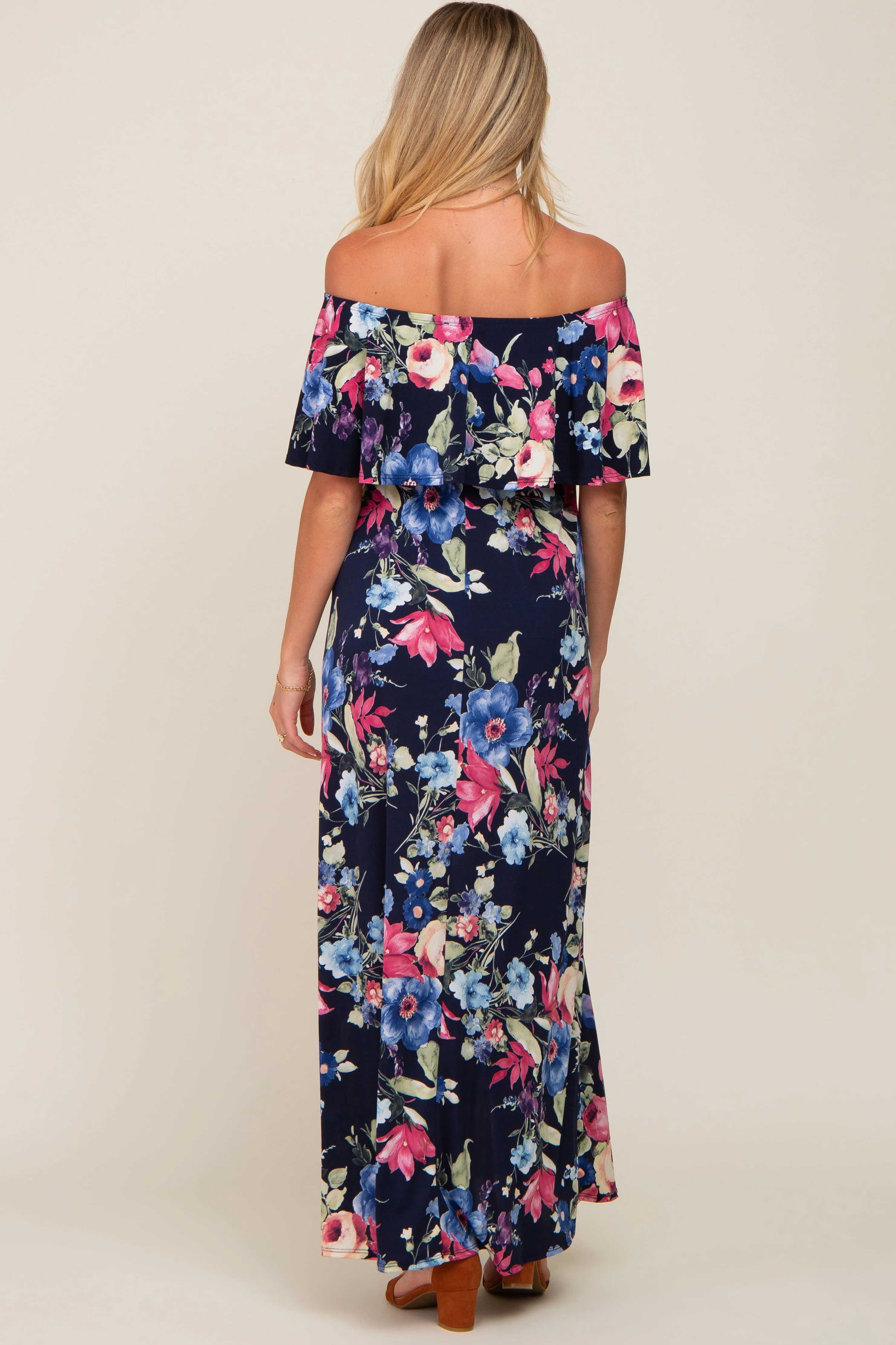 Navy Floral Off Shoulder Flounce Maternity Maxi Dress sold by Pinkblush product image thumbnail 3