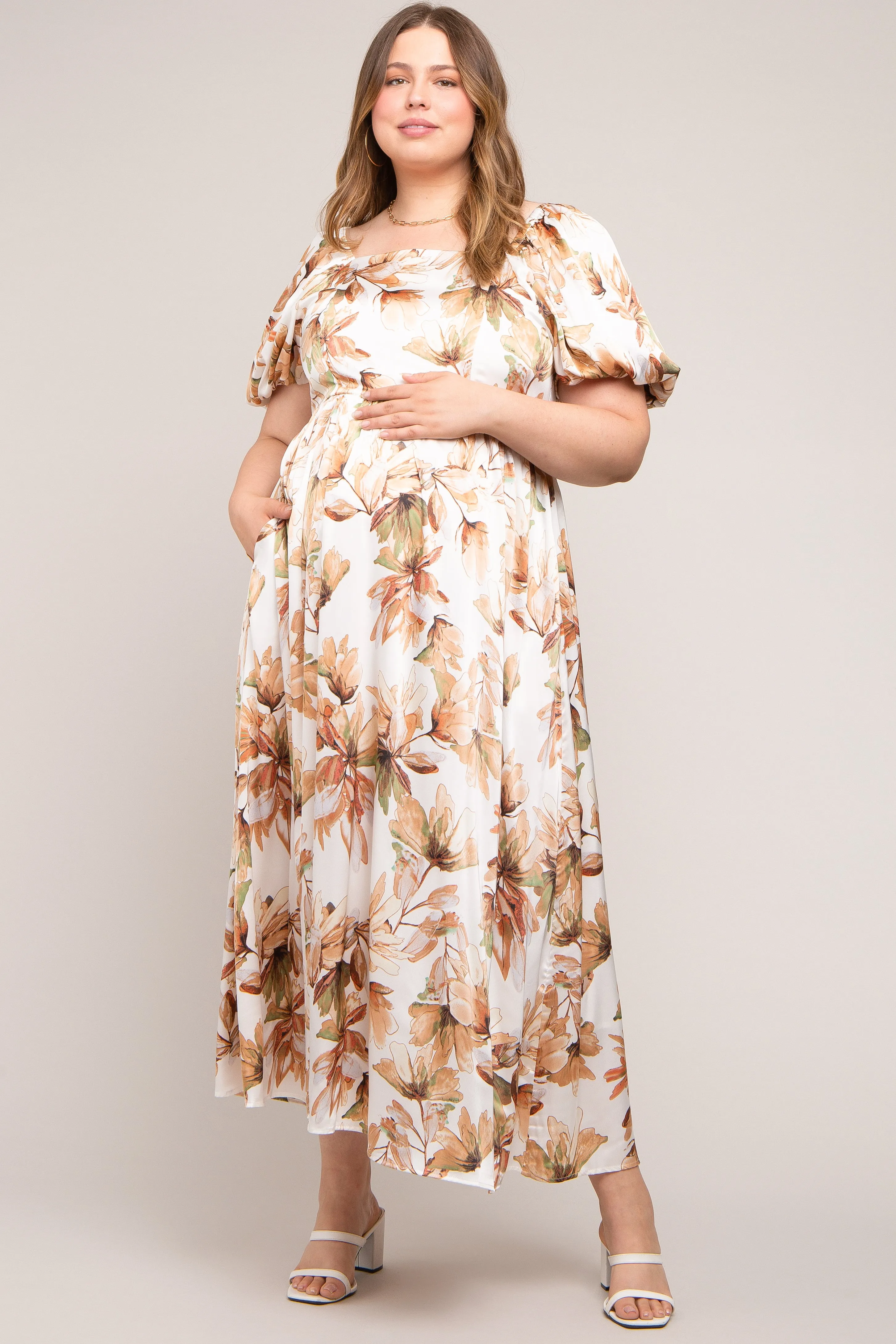 Cream Floral Satin Puff Sleeve Maternity Plus Maxi Dress sold by Pinkblush product image thumbnail 5