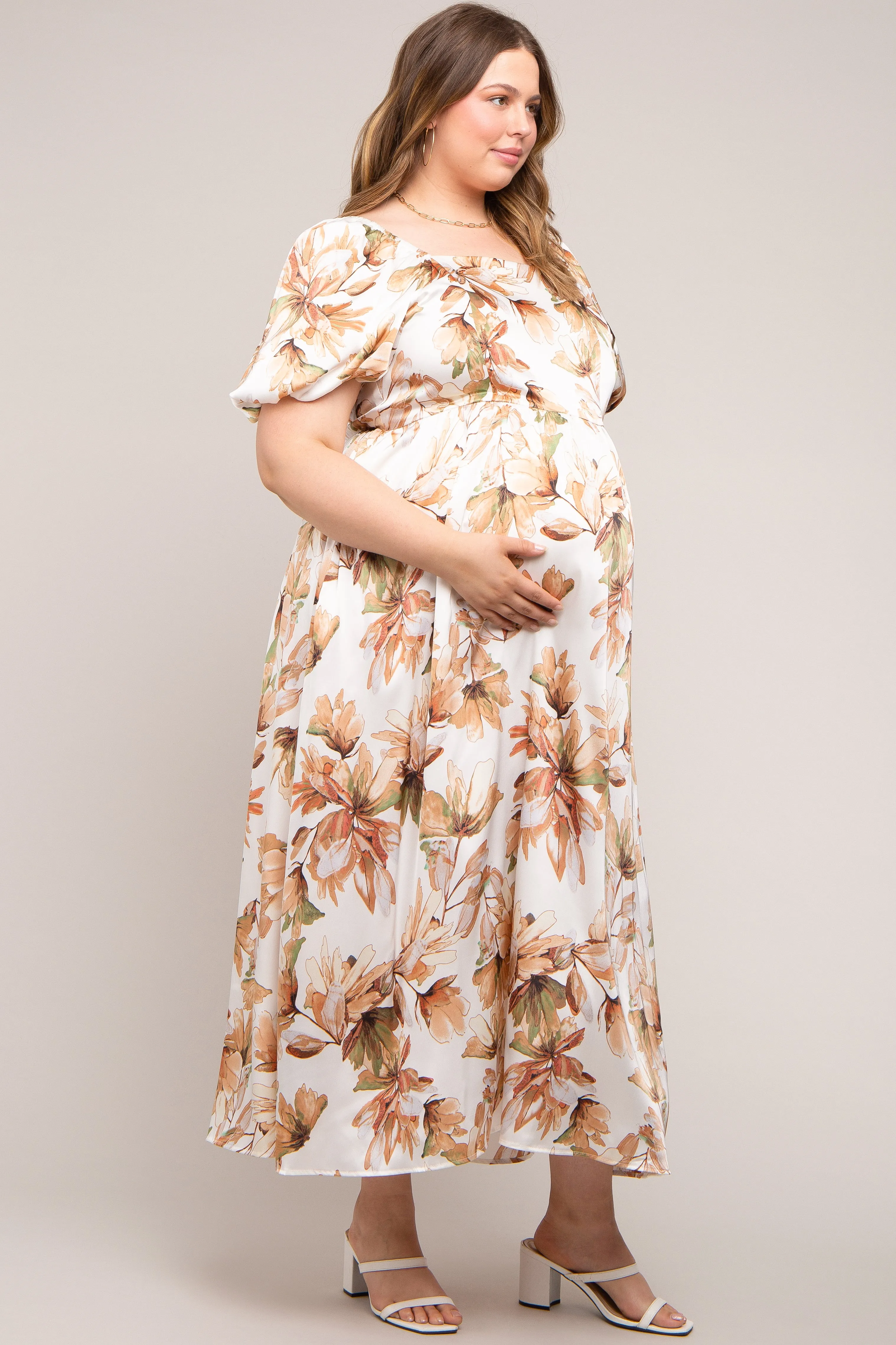 Cream Floral Satin Puff Sleeve Maternity Plus Maxi Dress sold by Pinkblush product image thumbnail 2