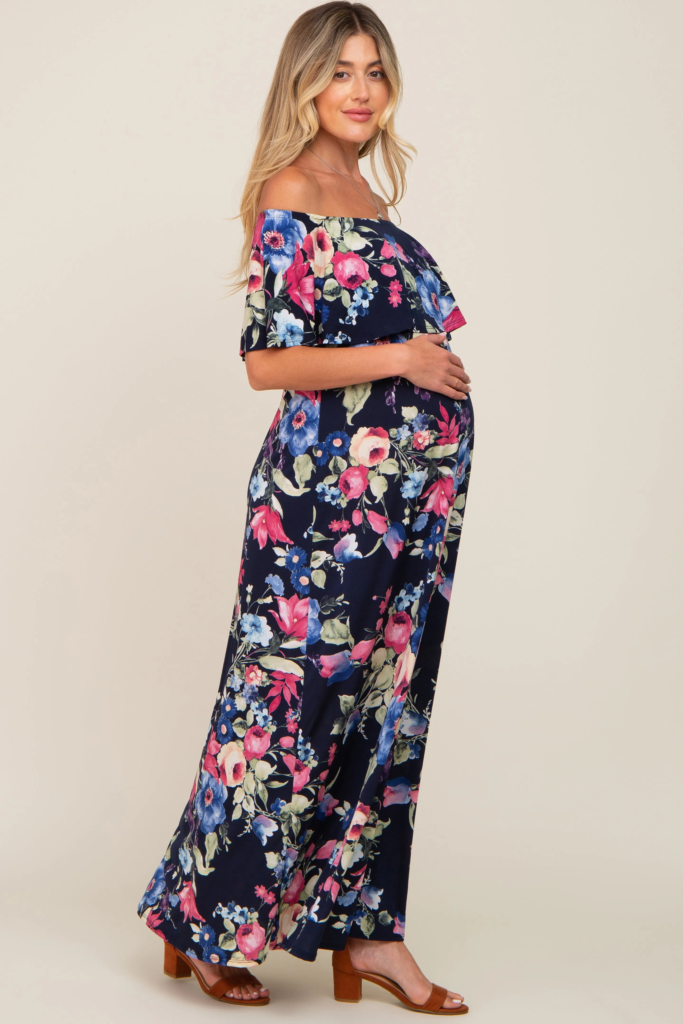 Navy Floral Off Shoulder Flounce Maternity Maxi Dress sold by Pinkblush product image thumbnail 2