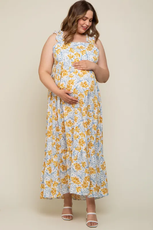 Ivory Floral Ruffle Strap Maternity Plus Maxi Dress sold by Pinkblush