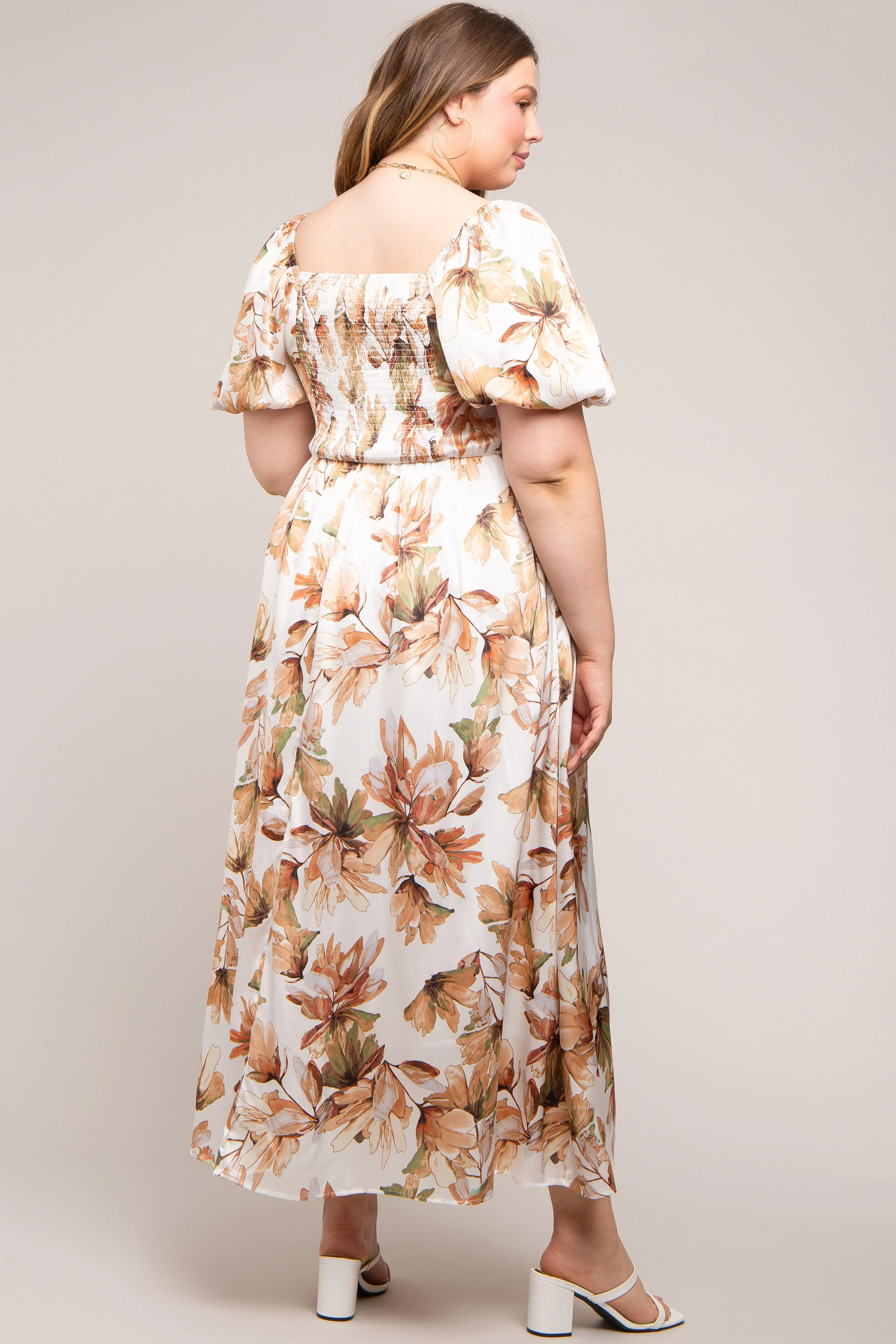 Cream Floral Satin Puff Sleeve Maternity Plus Maxi Dress sold by Pinkblush product image thumbnail 3