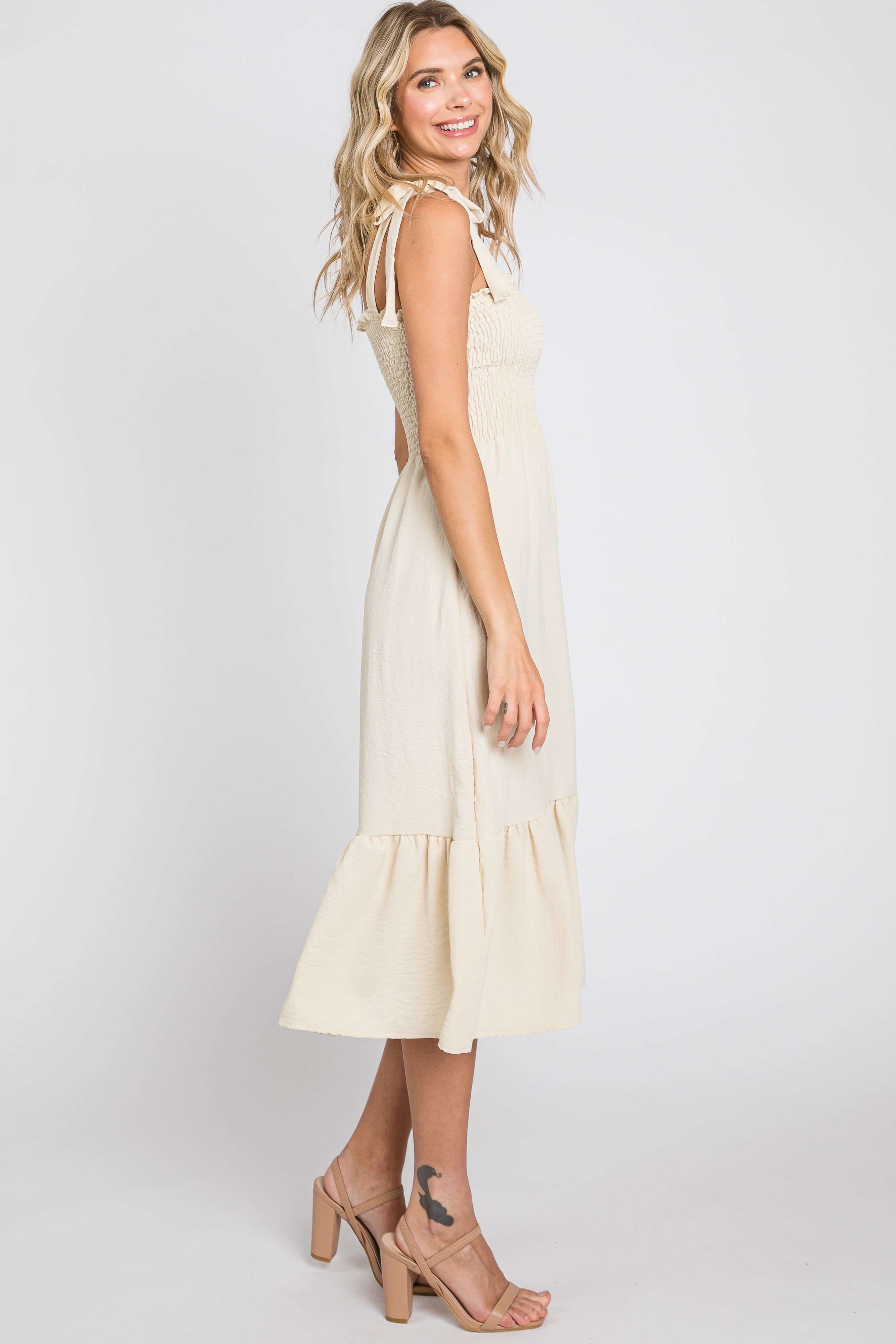 Cream Smocked Shoulder Tie Midi Dress sold by Pinkblush product image thumbnail 2